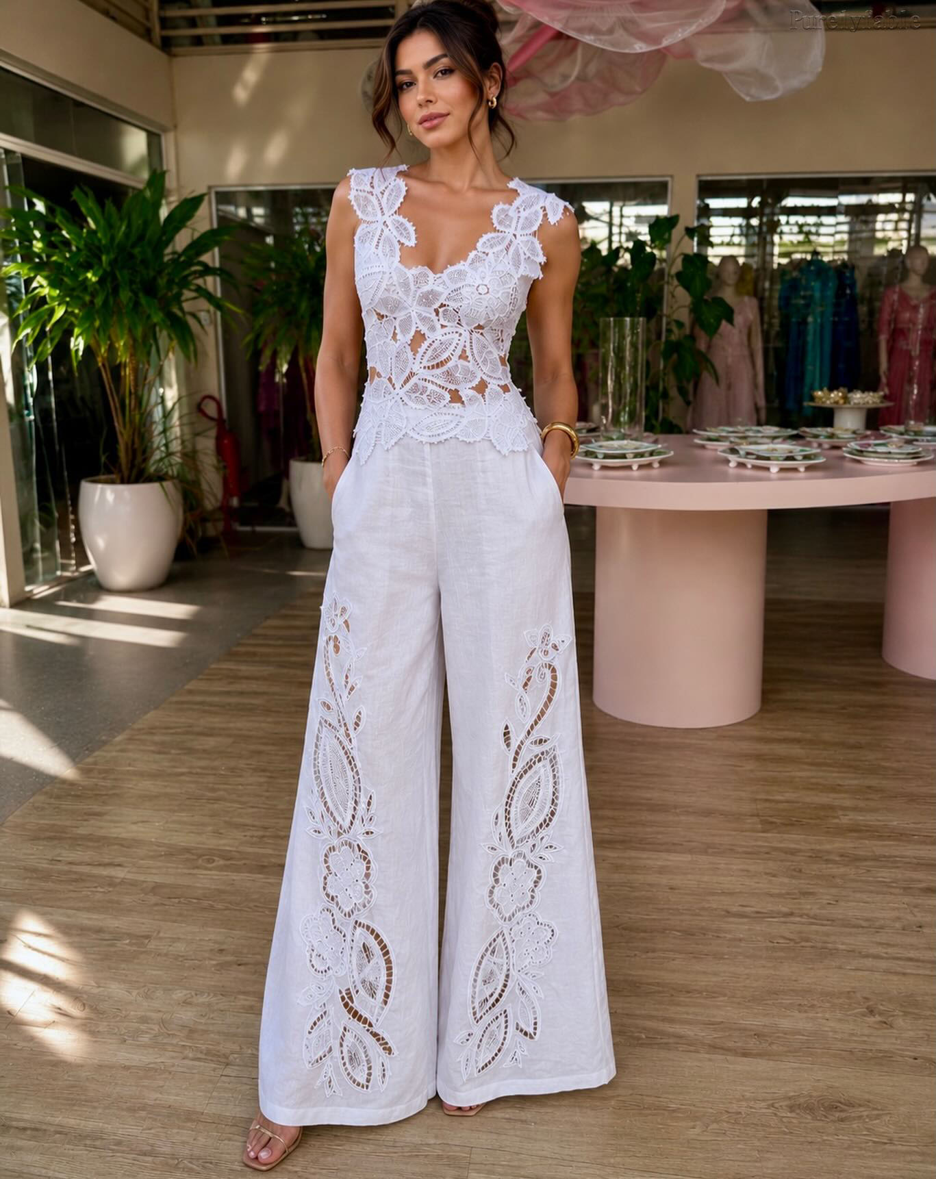 Astrid White Sleeveless Open-Back Top and Pants Set