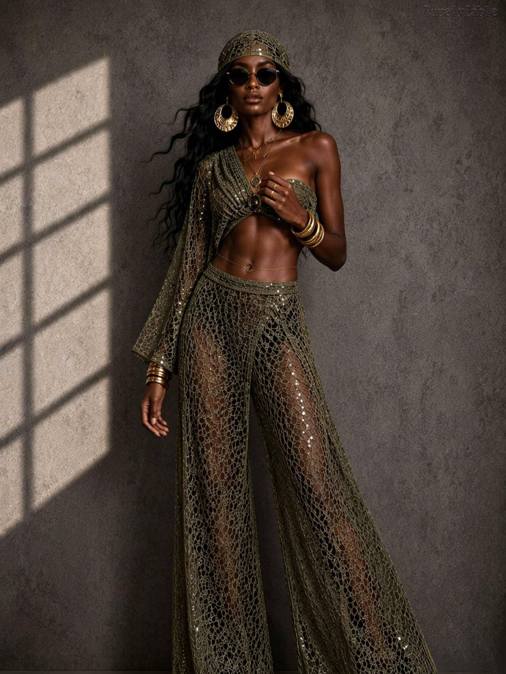 Autumn Green Asymmetrical Single-Sleeve Net Dress Set