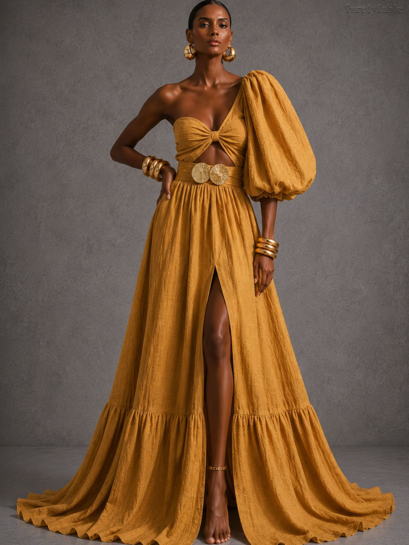 Elisa Yellow Single Shoulder Puff Sleeve Cutout Two-Piece Set