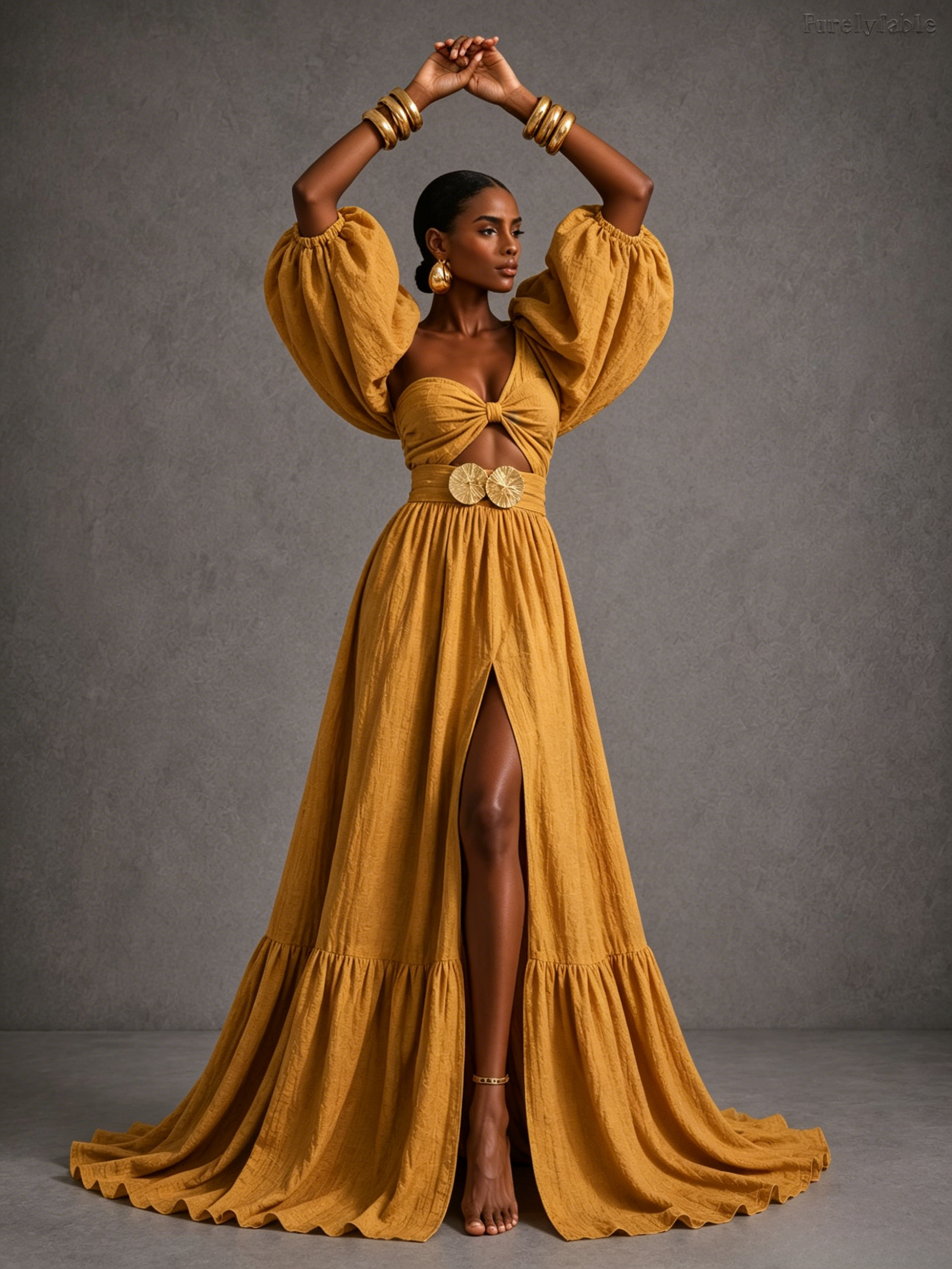Elisa Yellow Single Shoulder Puff Sleeve Cutout Two-Piece Set