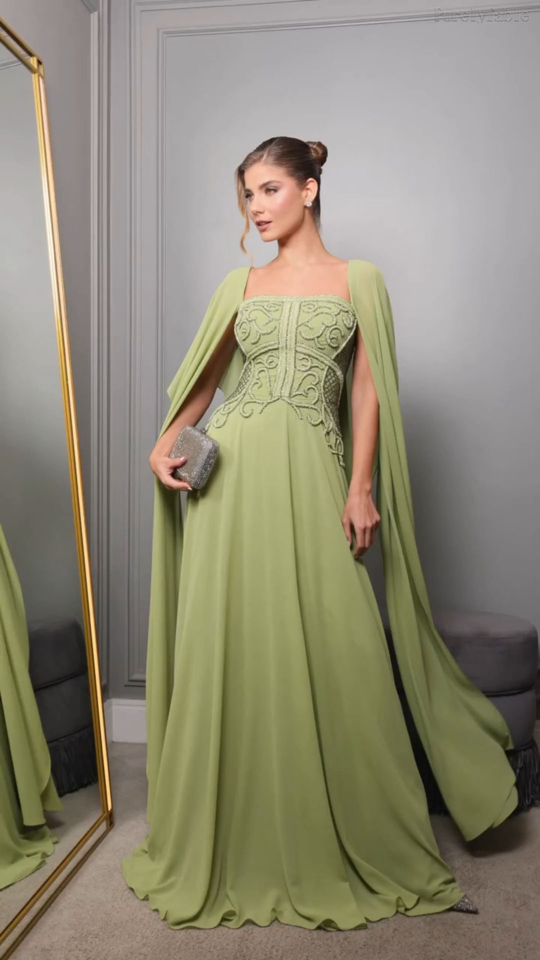 Greta Matcha Green Strapless Chiffon Shawl Dress