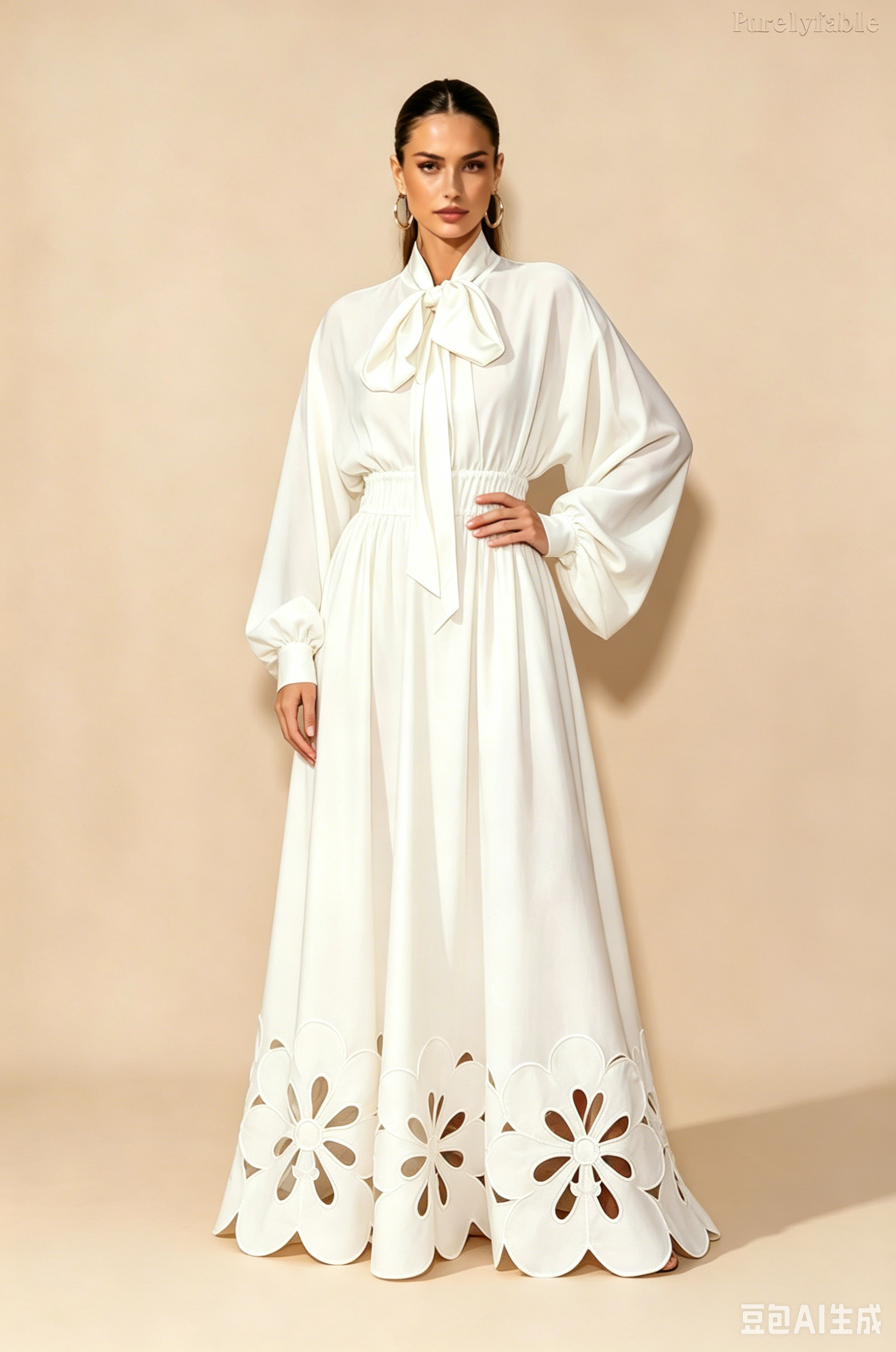 Daphne White Bow Collar Lantern Sleeve Hollow Dress