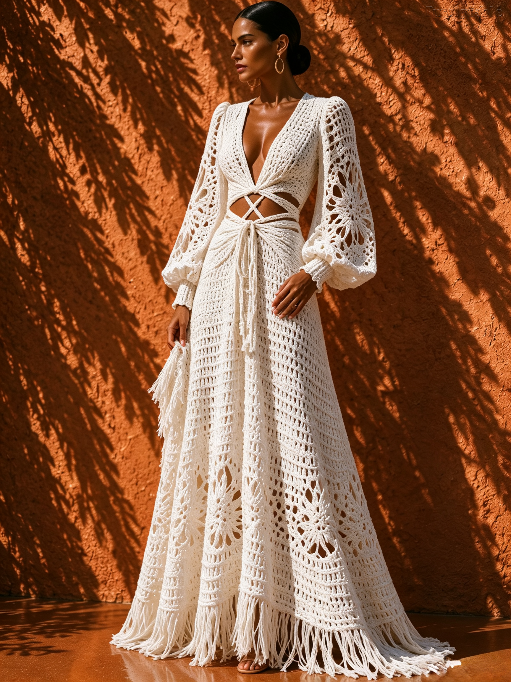 Elysia White Deep V Lantern Sleeve Long Dress