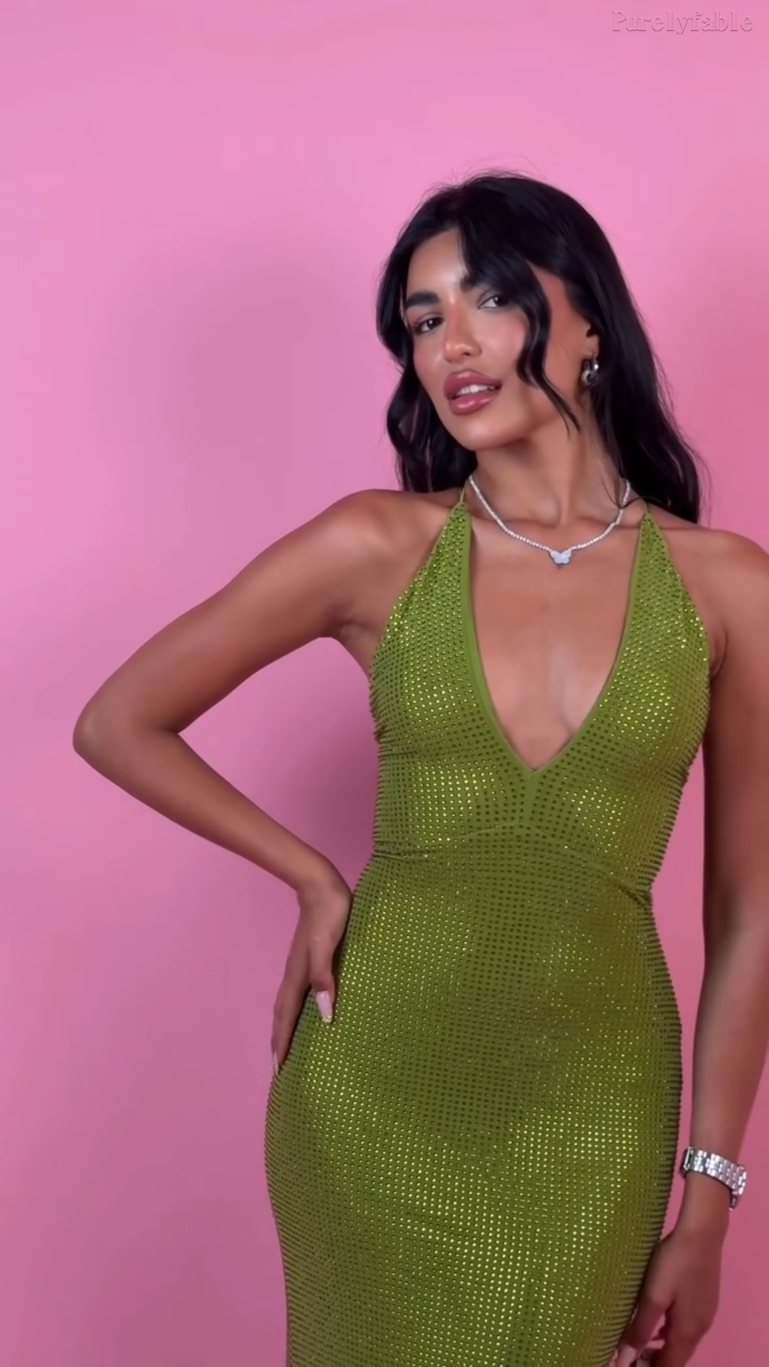 Everly Dark Green Deep V Beaded Knit Long Dress