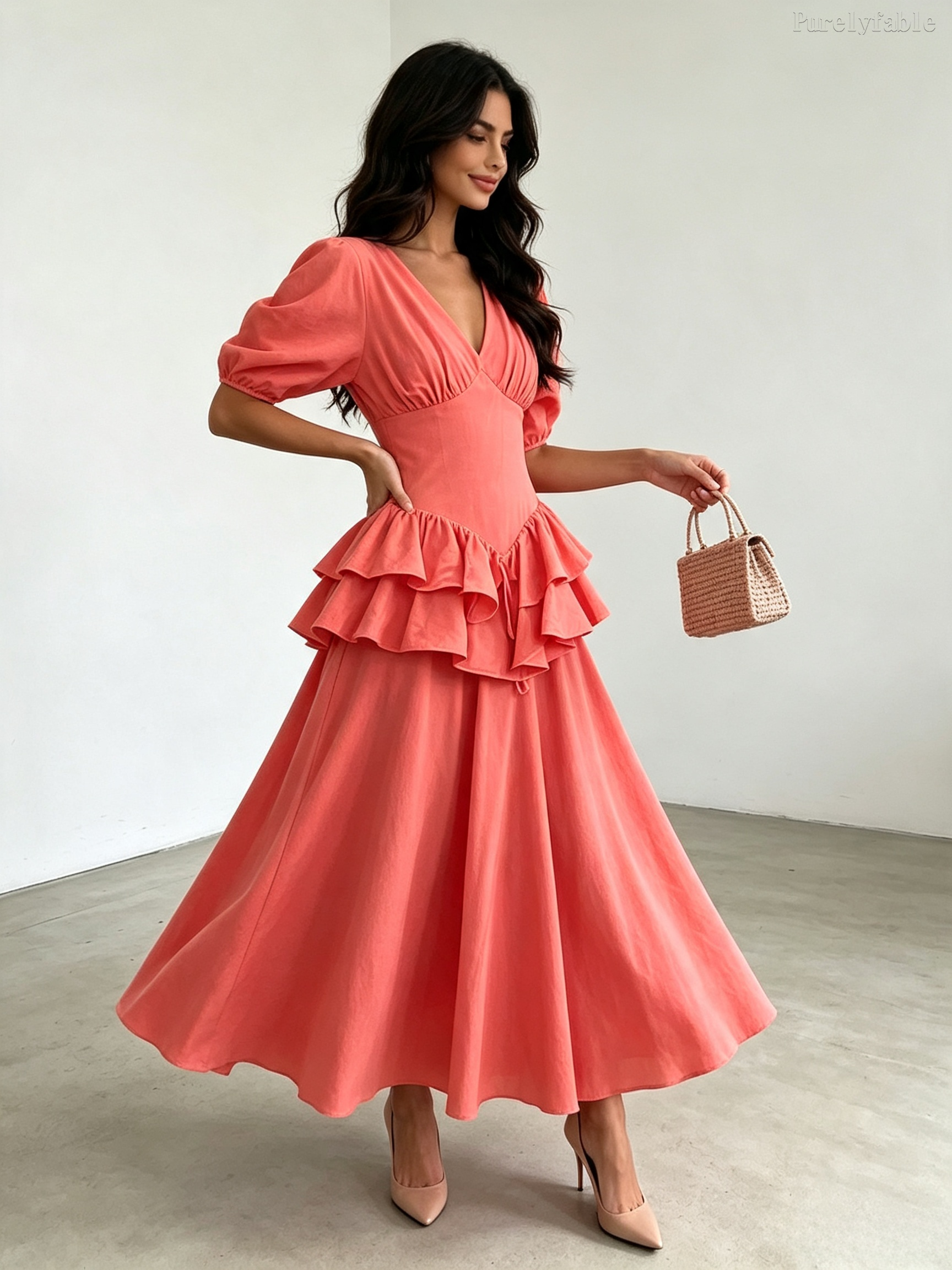Camilla  Orange Ruffle V-Neck Puff Sleeve Dress
