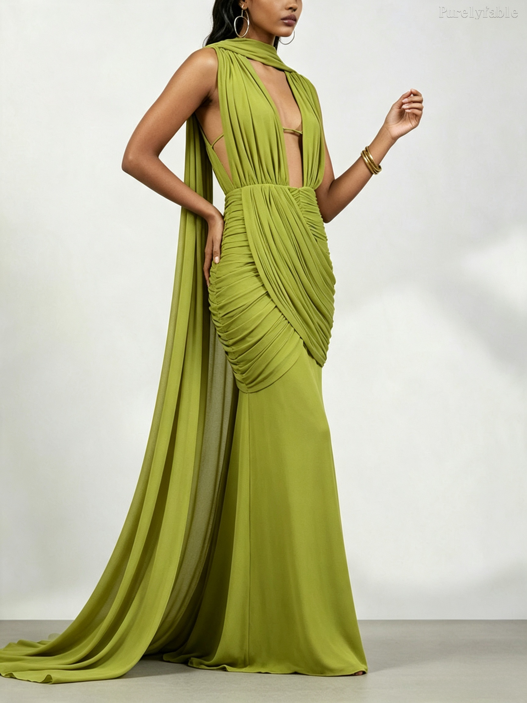 Phoebe Coffee-Colored Open Pleated Side Slit Long Dress