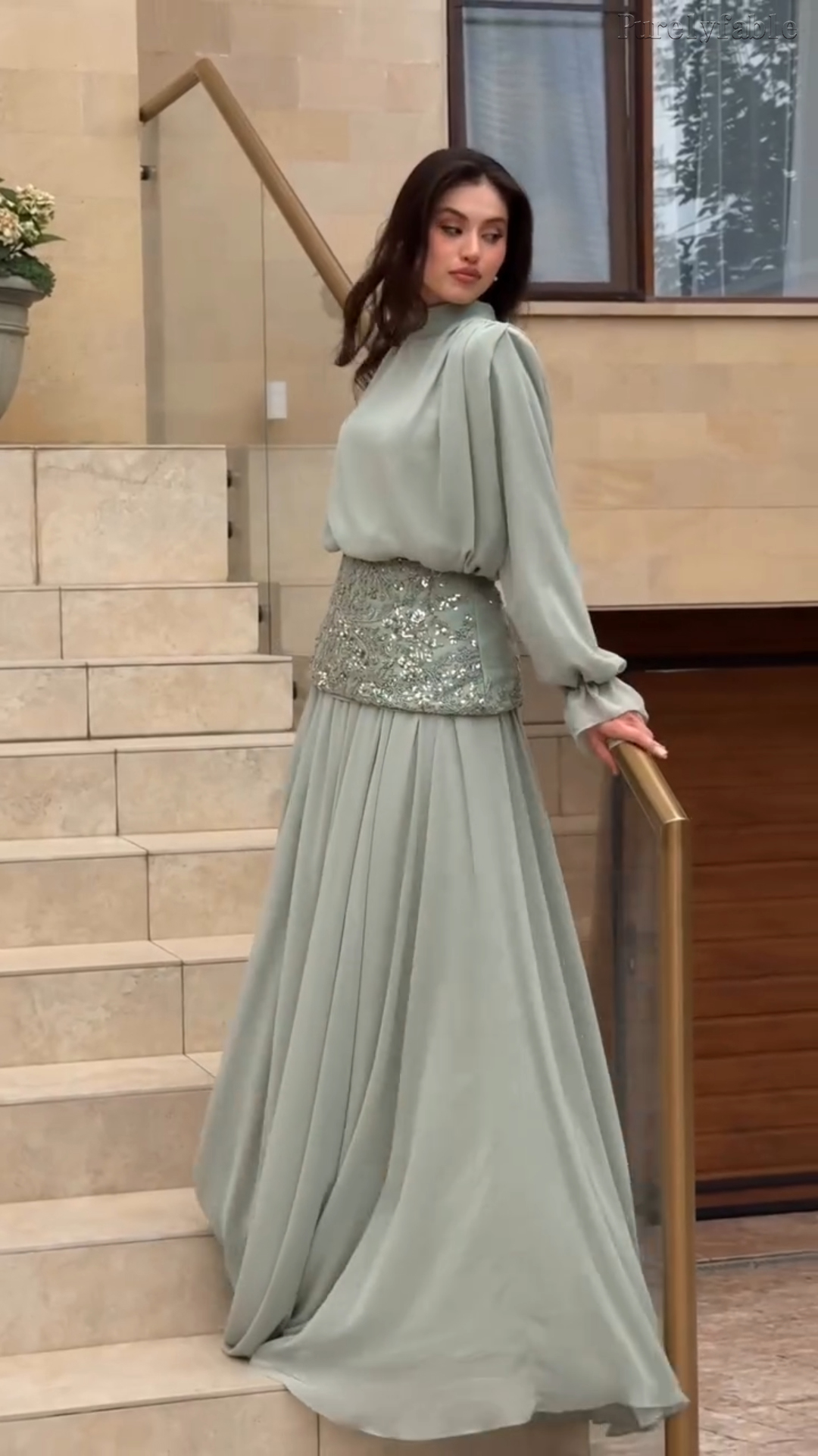 Kamila Light Green High-neck Flowing Long Dress Set