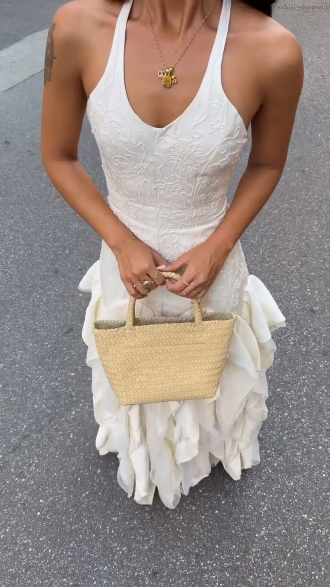 Aurora White Neckline Frill Long Dress