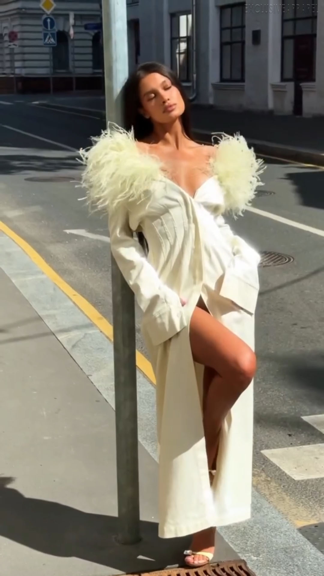 Katherine White Feather Shoulder-Padded Slit Long Dress