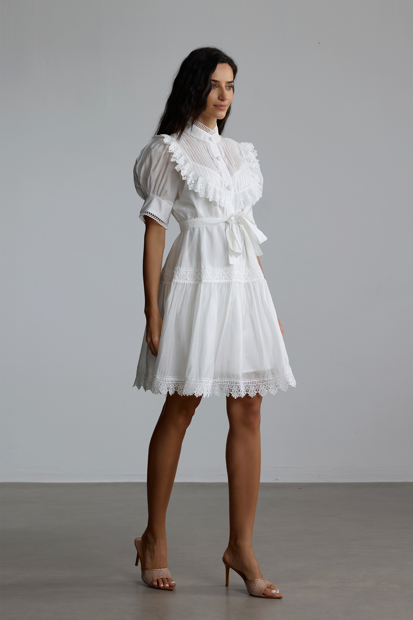 Annette Lace Trim Puff Sleeve Mini Dress-purelyfable