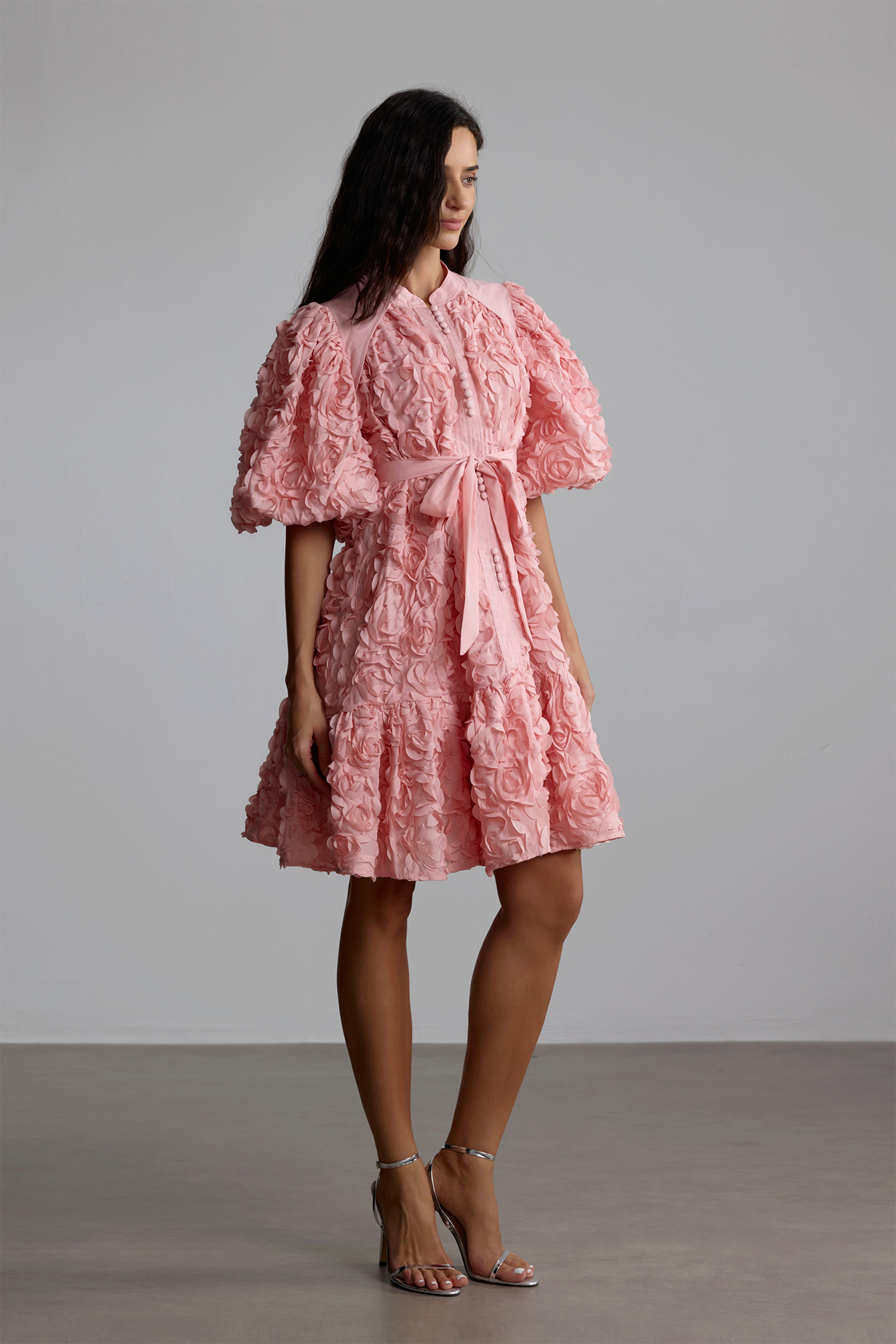 Emeline 3D Floral Balloon Sleeve Mini Dress-purelyfable