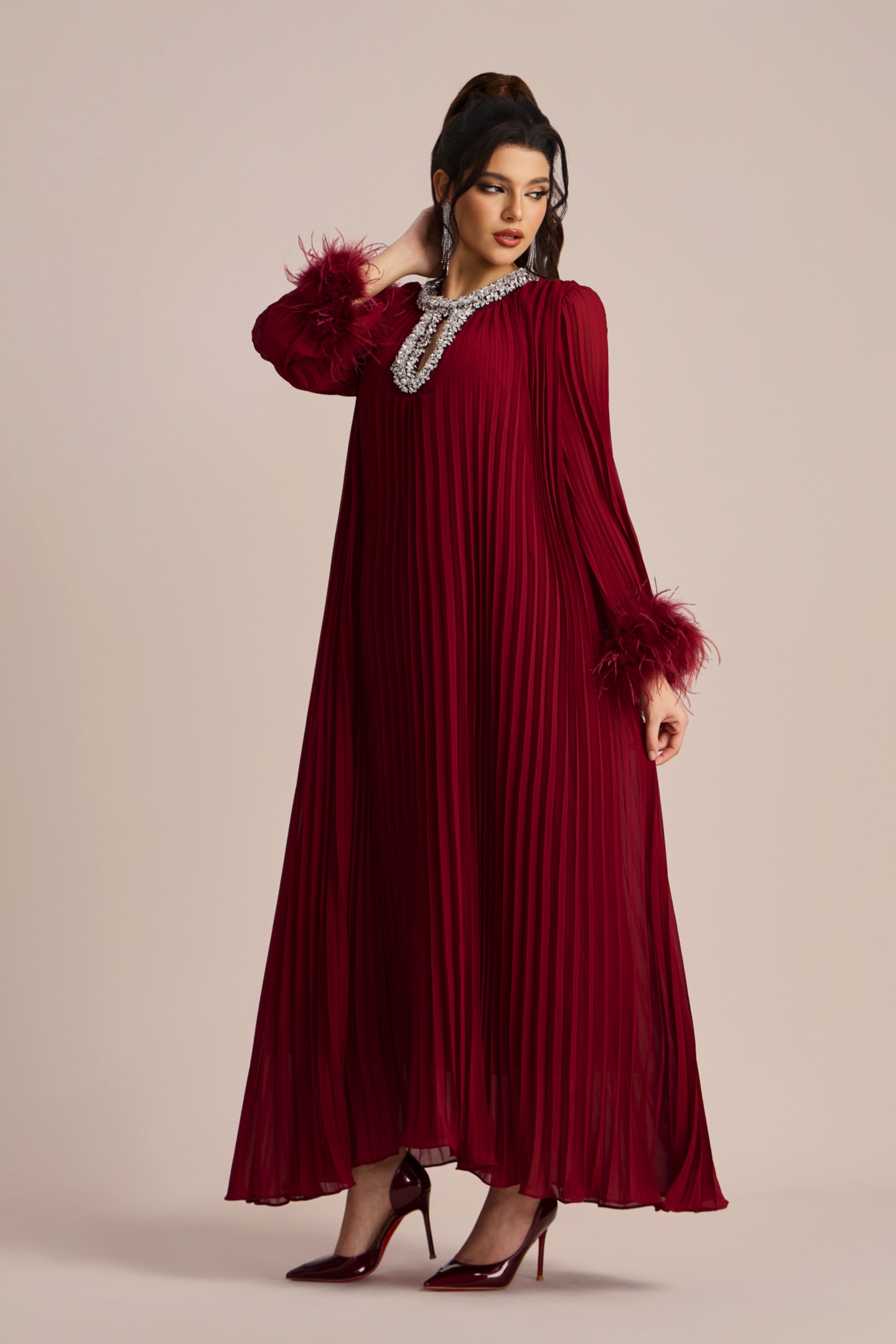 Yvonne Diamante Feathered Pleated Maxi Chiffon Dress-purelyfable