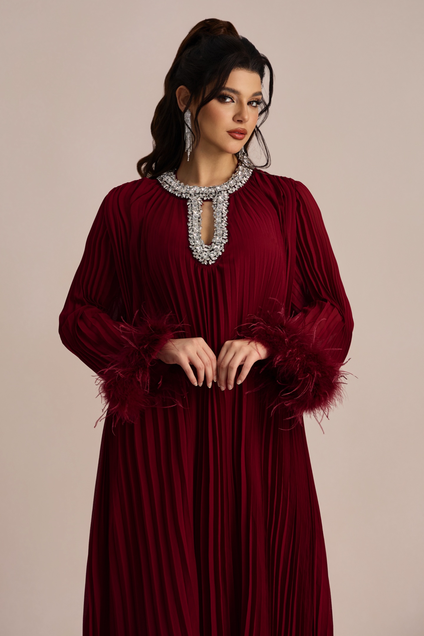 Yvonne Diamante Feathered Pleated Maxi Chiffon Dress-purelyfable