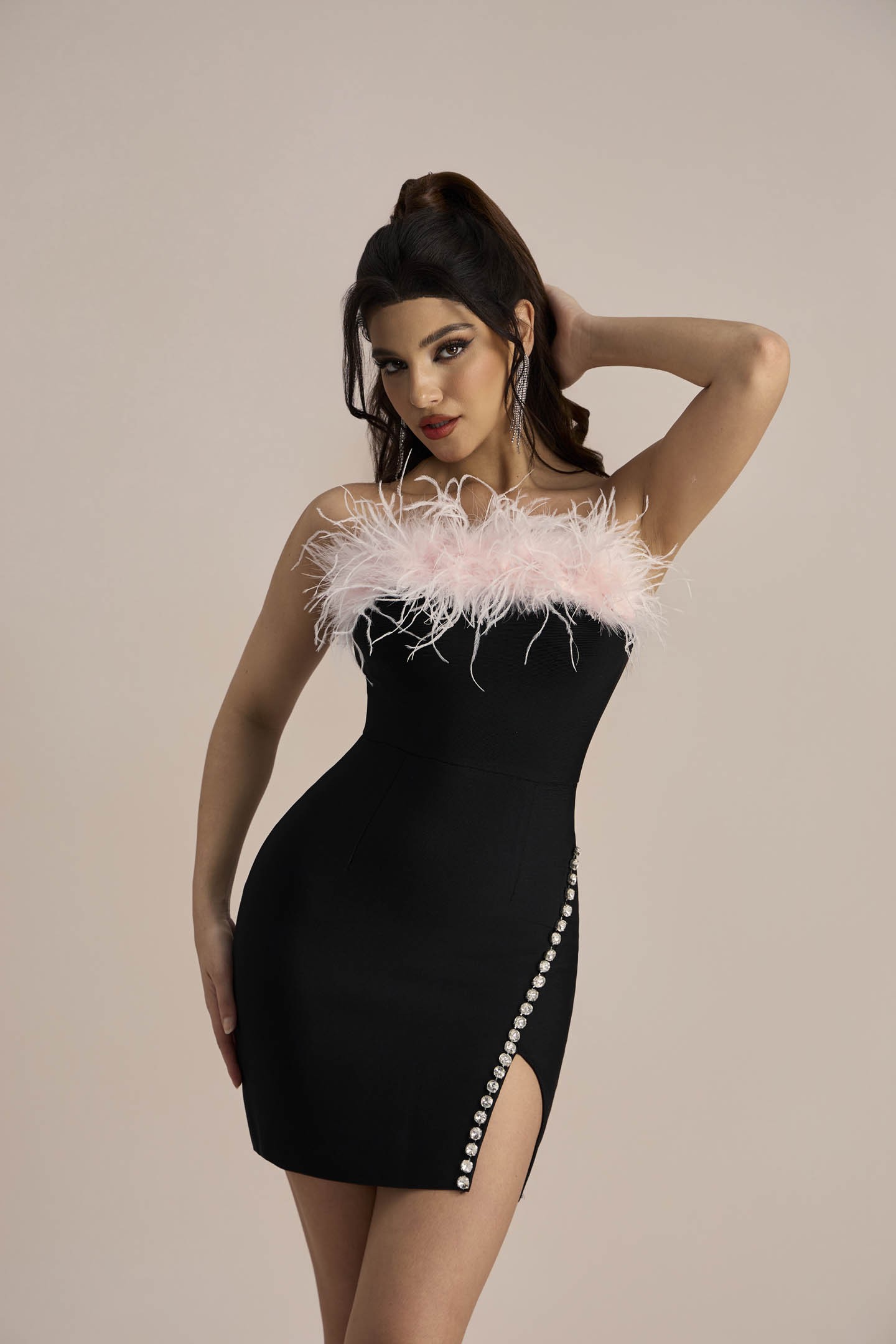 Cynthia Feather Trimmed Crystal Mini Dress-purelyfable