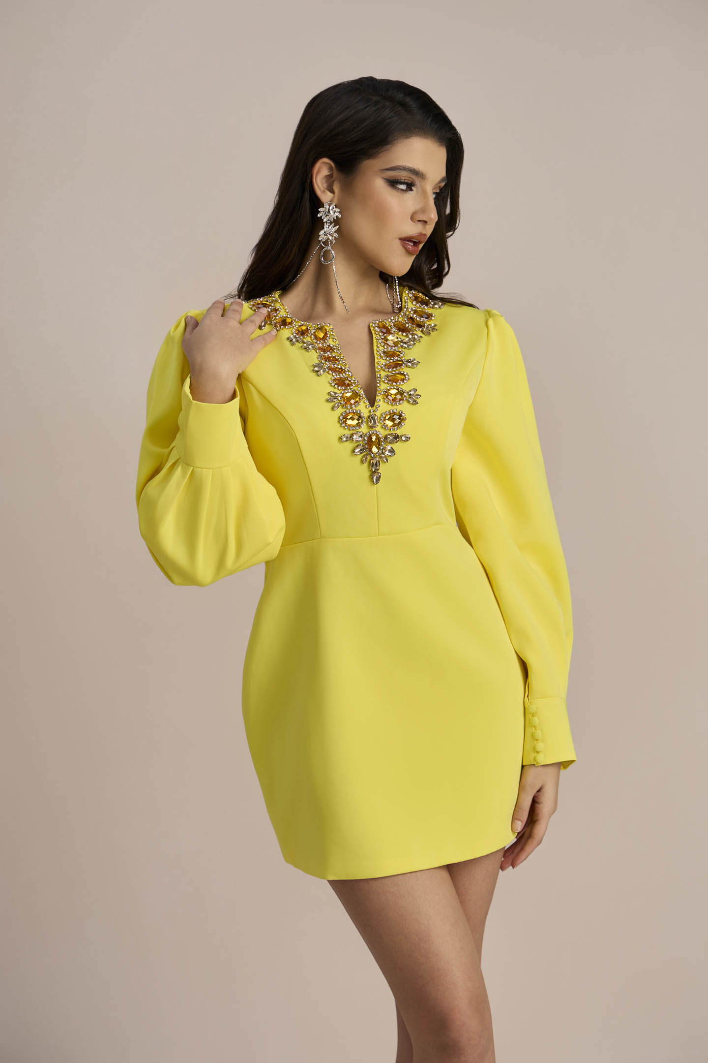 Amelia Crystal-embellished Lantern Sleeve Mini Dress-purelyfable
