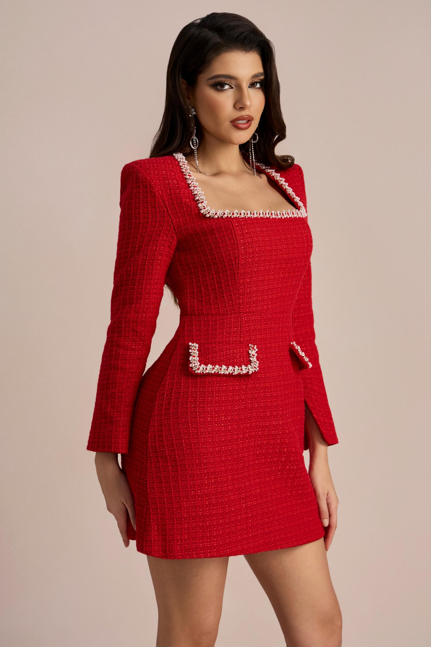 Camilla Square Neck Tweed Mini Dress-purelyfable