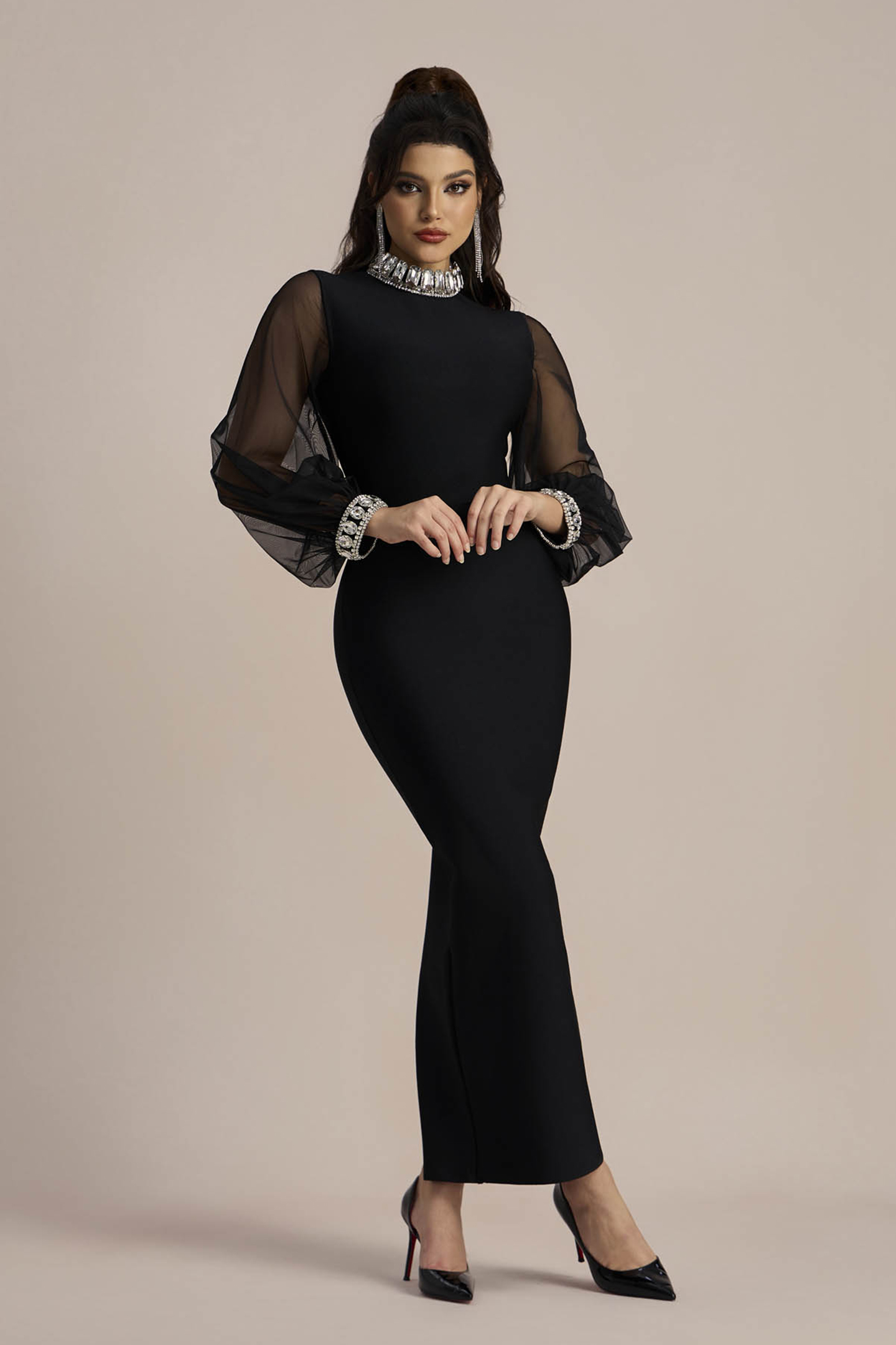 Kimberley Crystal-embellished Sheer Sleeves Maxi Dress-purelyfable