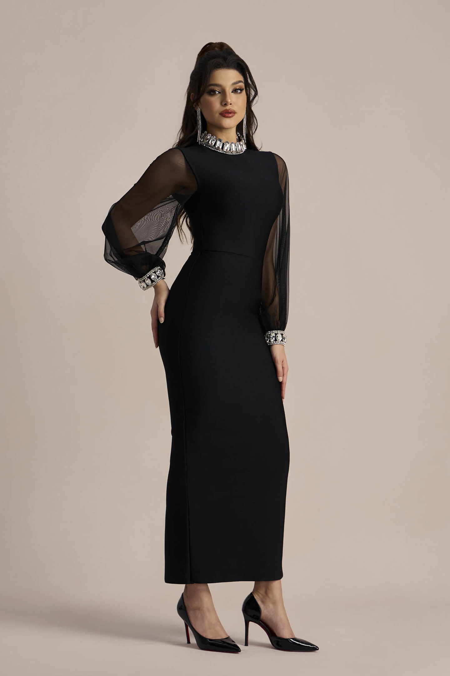 Kimberley Crystal-embellished Sheer Sleeves Maxi Dress-purelyfable