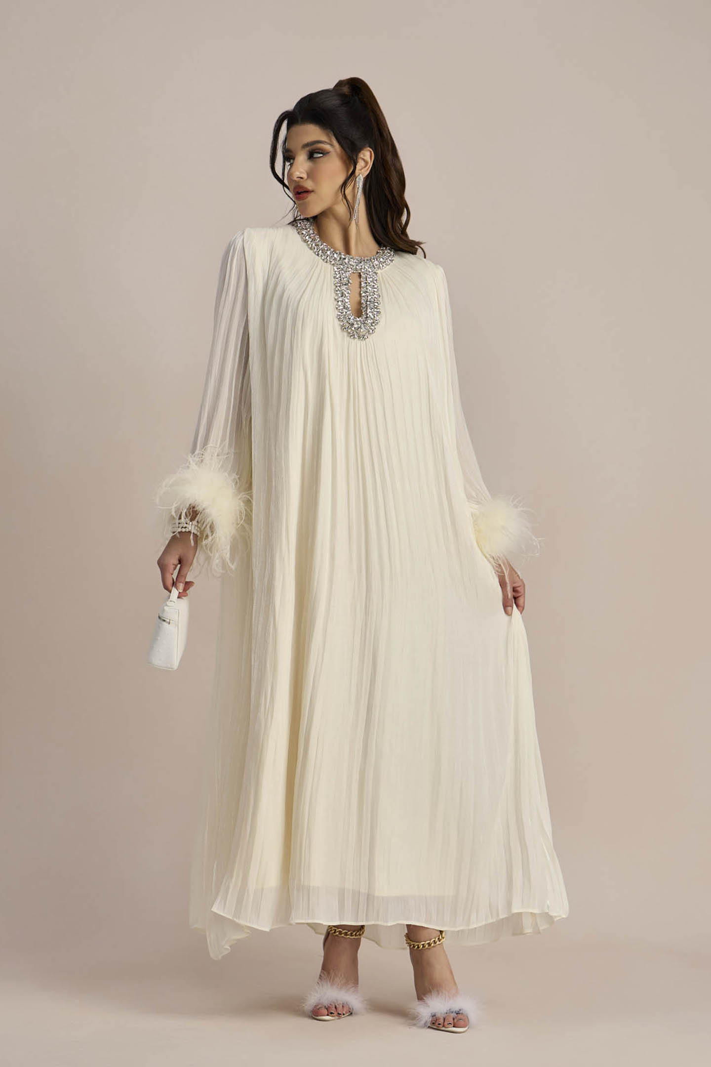 Yvonne Diamante Feathered Pleated Maxi Chiffon Dress-purelyfable