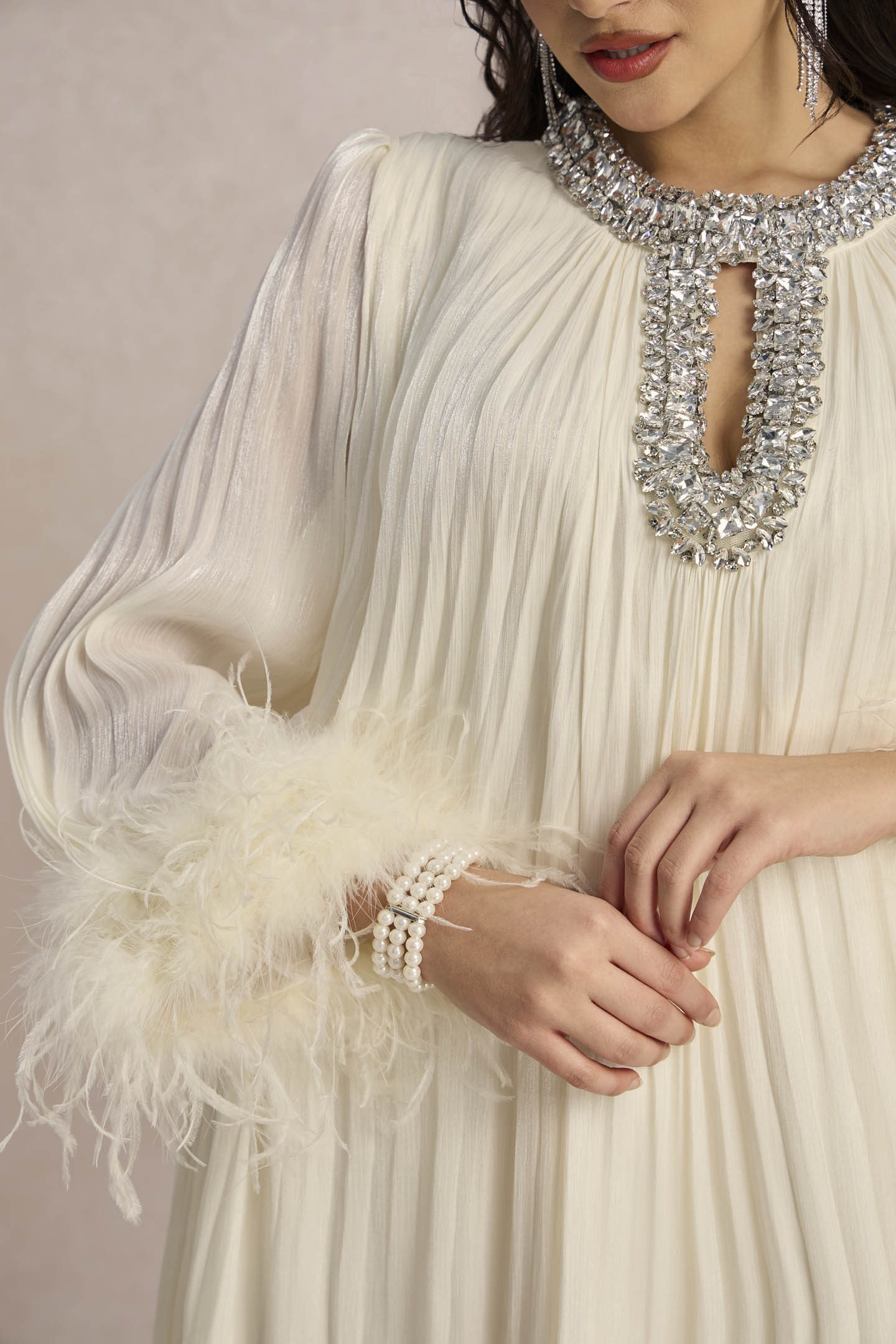 Yvonne Diamante Feathered Pleated Maxi Chiffon Dress-purelyfable