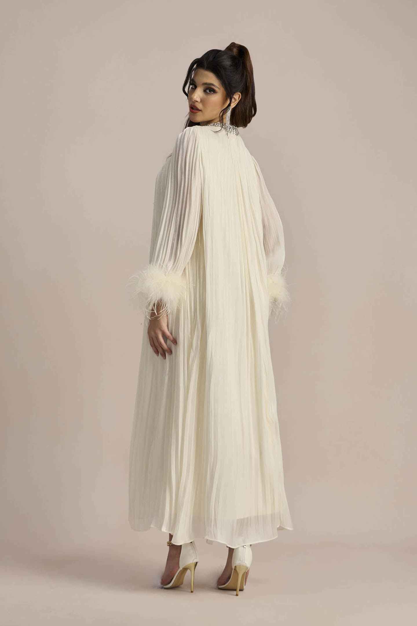 Yvonne Diamante Feathered Pleated Maxi Chiffon Dress-purelyfable