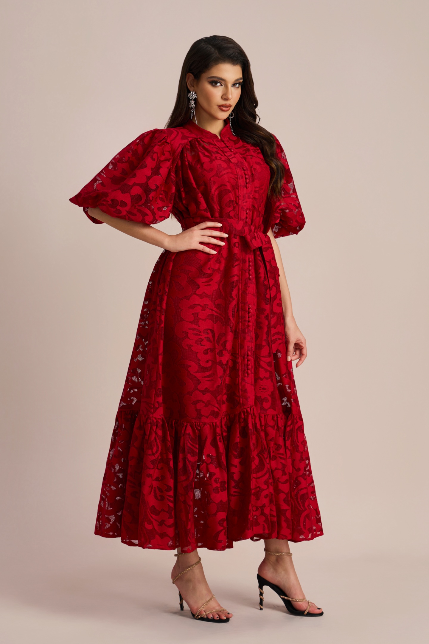 Emma Embroidered Lace Belted Midi Dress-purelyfable