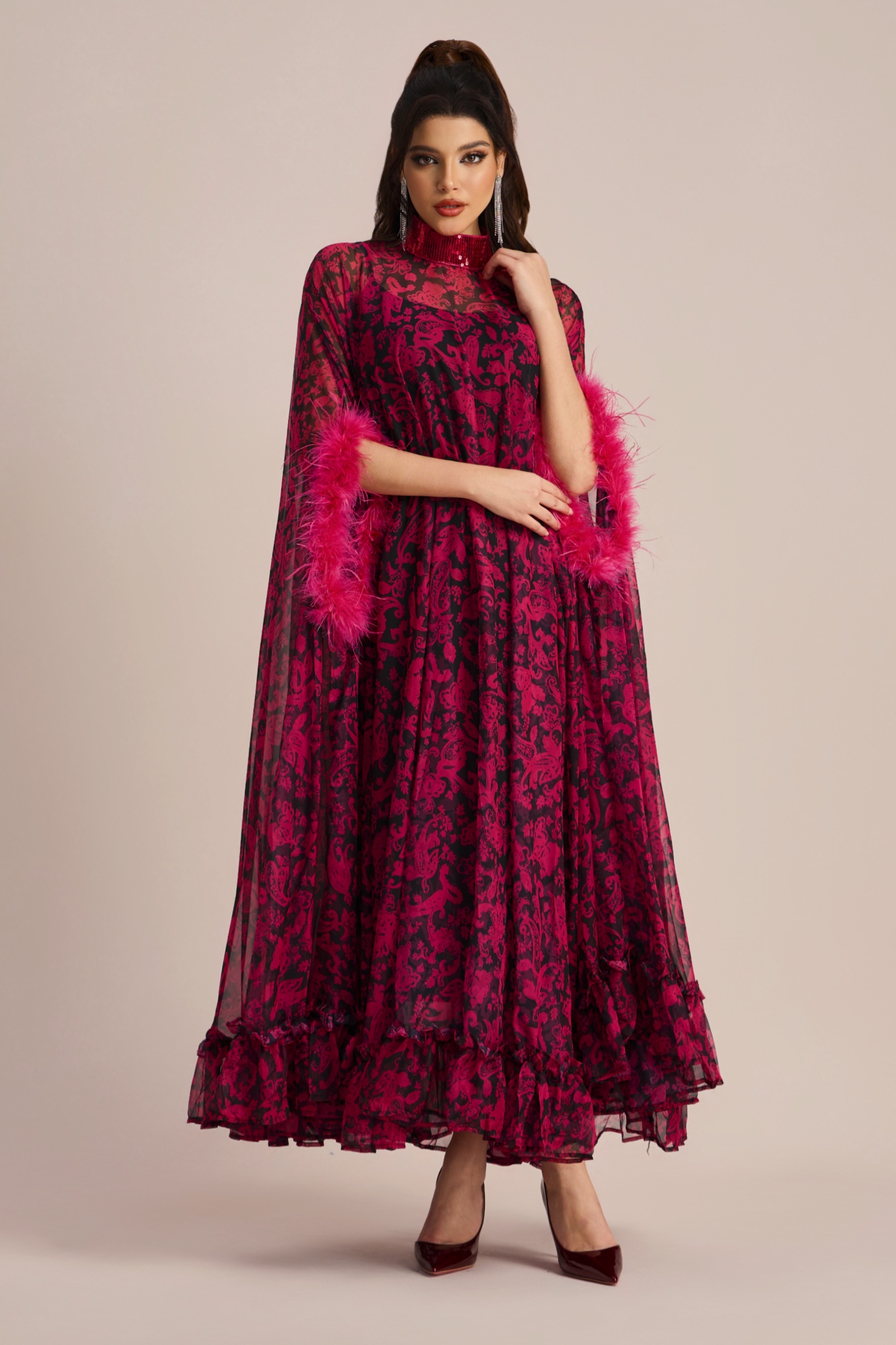 Dana Sequins Feather Printed Maxi Dress-purelyfable