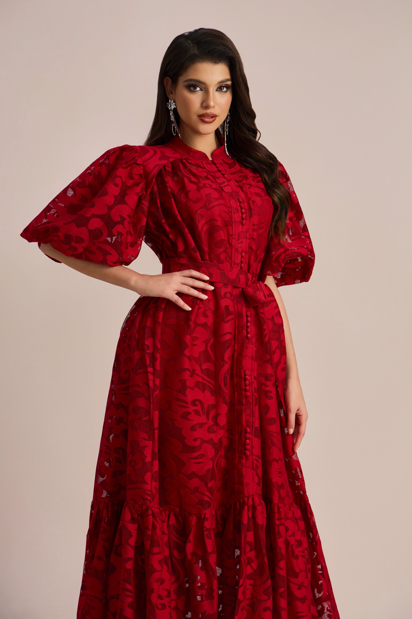 Emma Embroidered Lace Belted Midi Dress-purelyfable