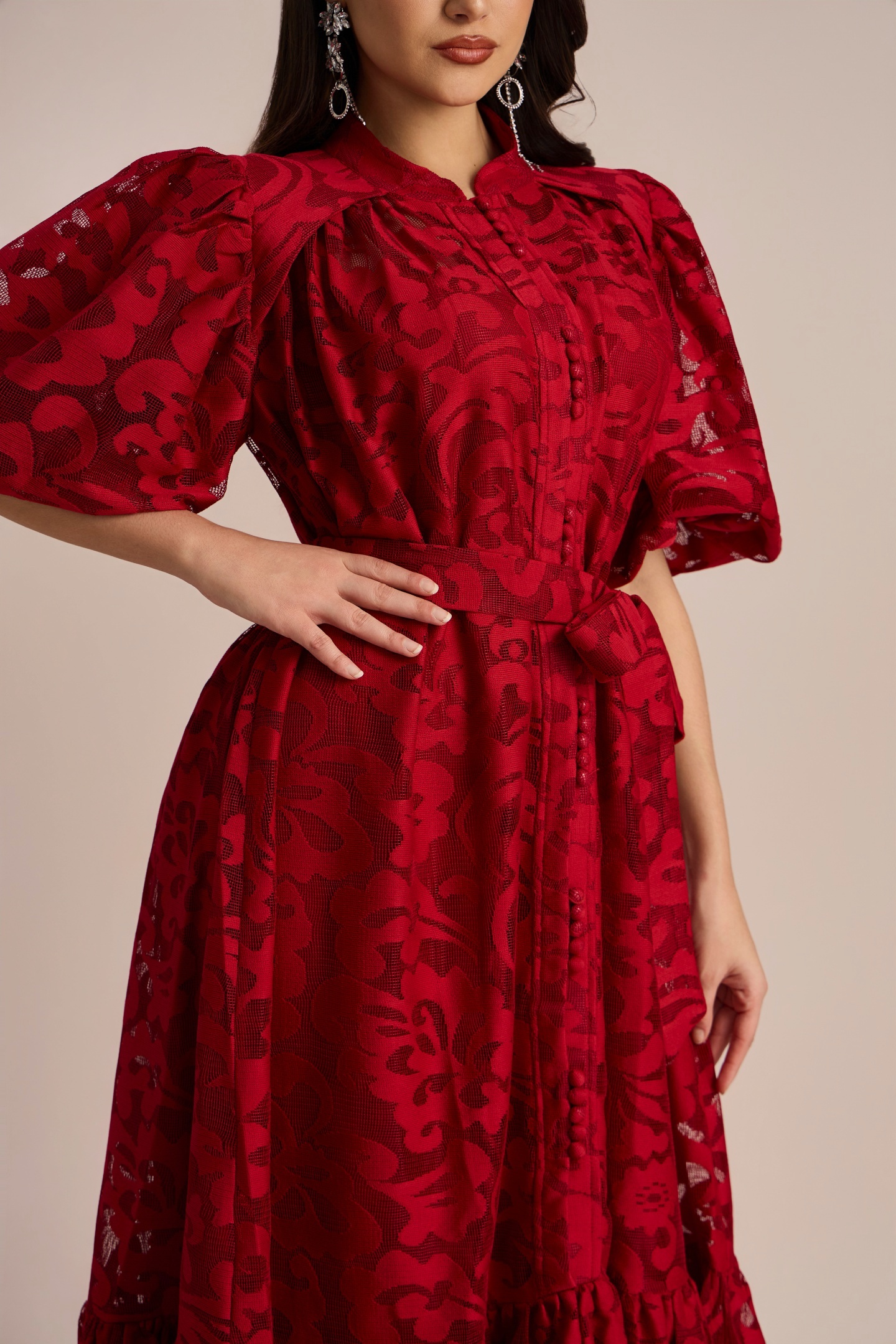 Emma Embroidered Lace Belted Midi Dress-purelyfable
