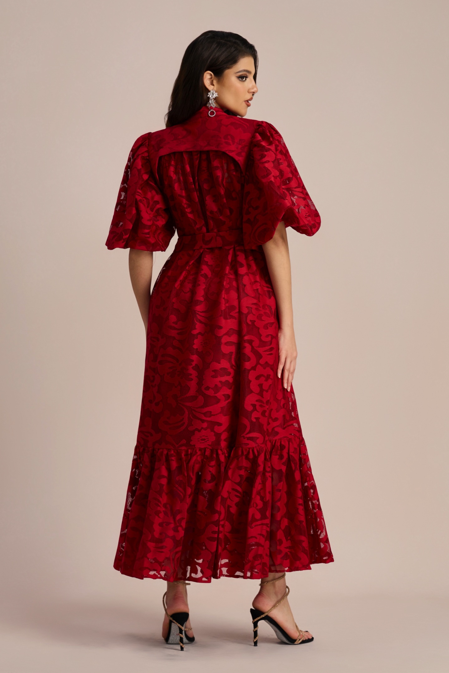 Emma Embroidered Lace Belted Midi Dress-purelyfable