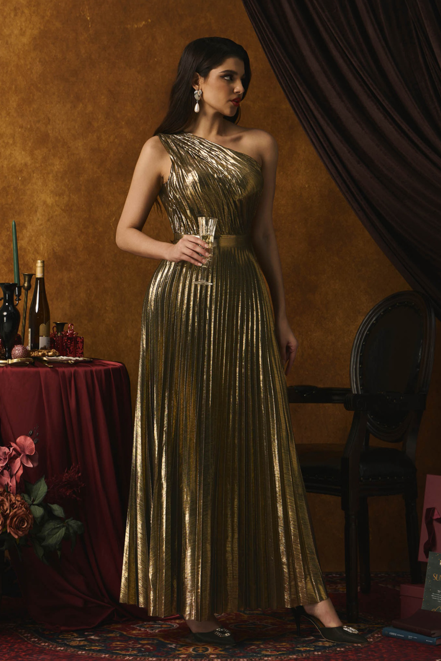 Lillian Metallic One Shoulder Pleated Maxi Dress-purelyfable