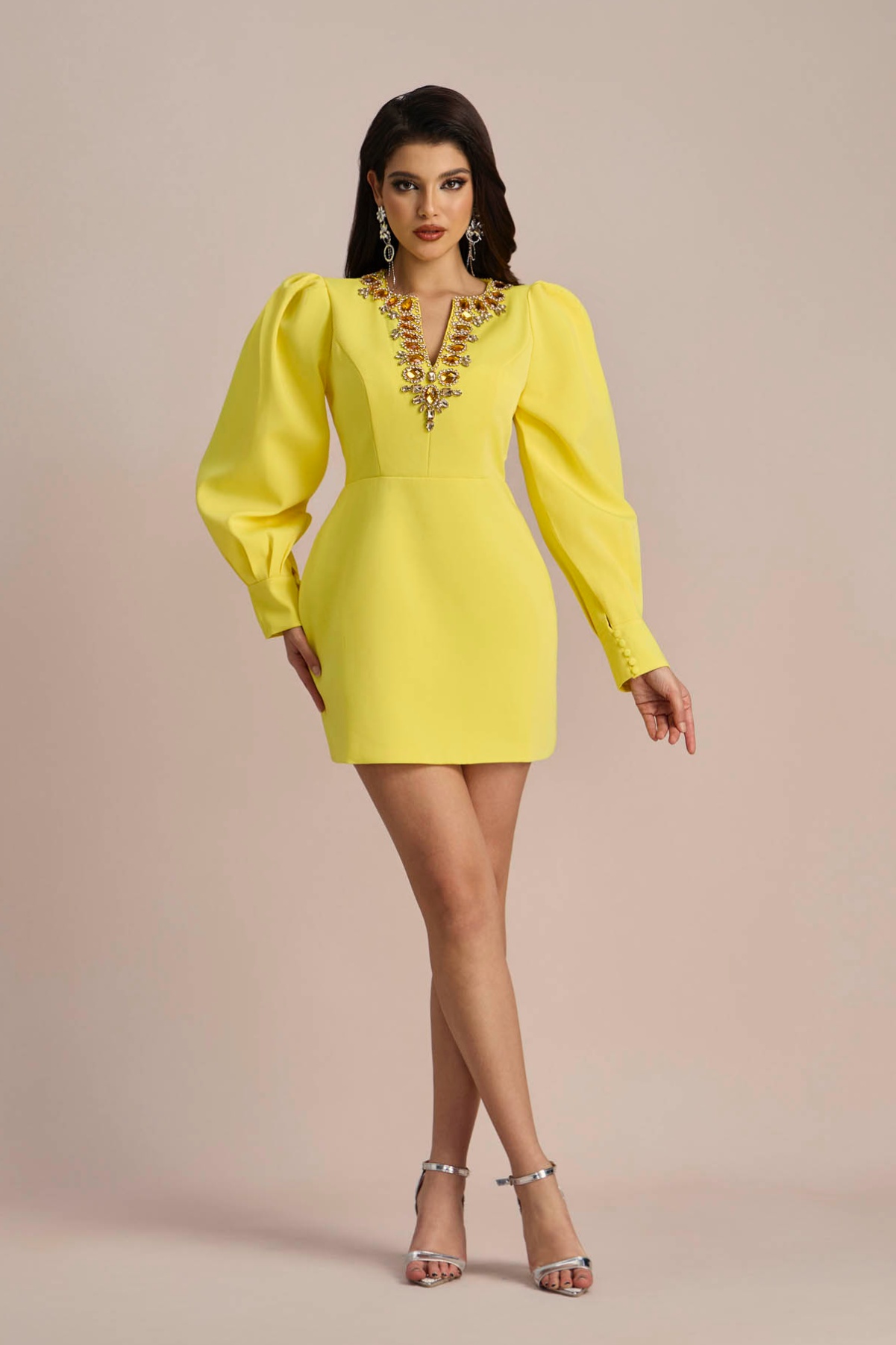 Amelia Crystal-embellished Lantern Sleeve Mini Dress-purelyfable