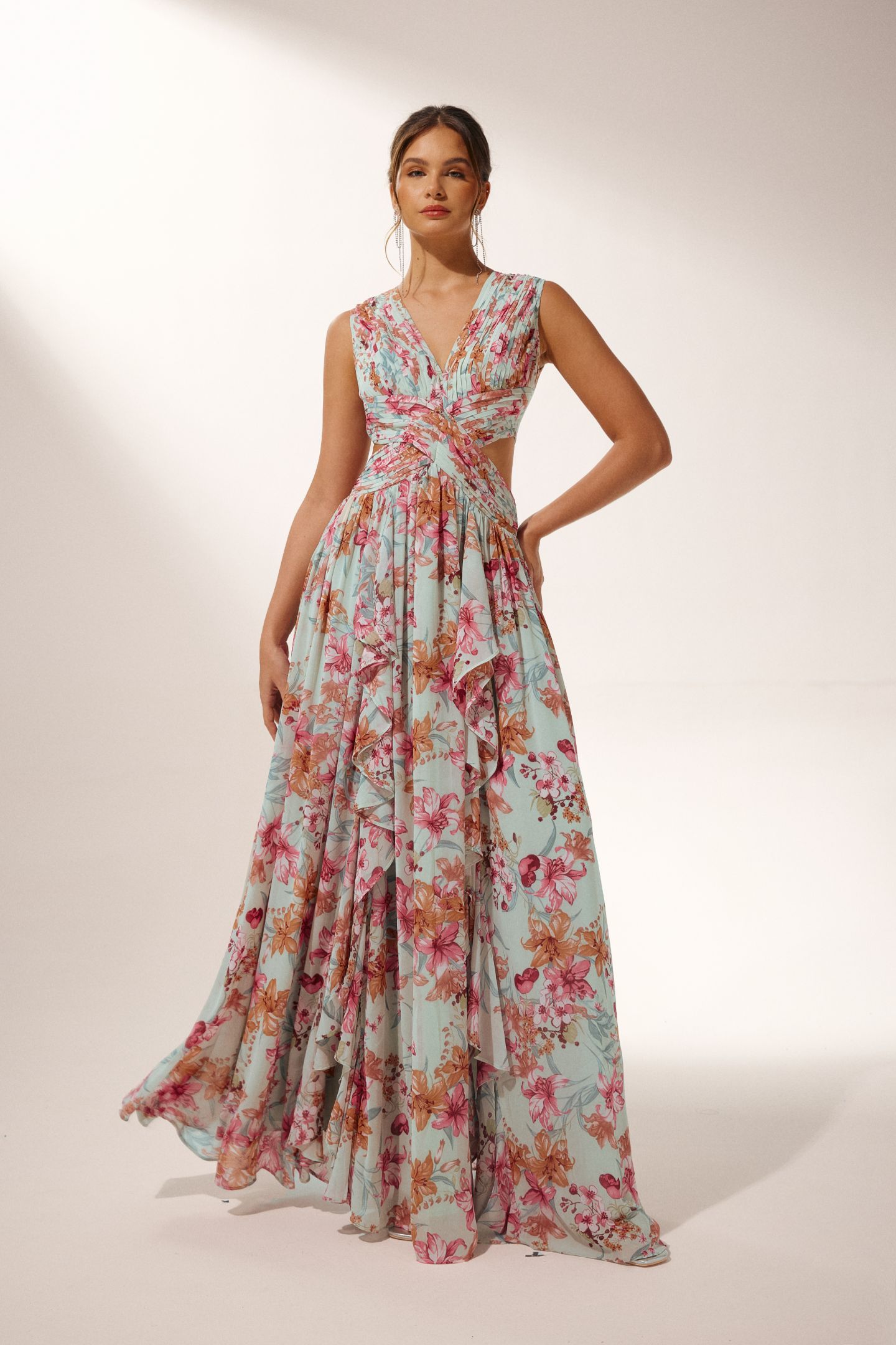 Anila Printed Pleated Ruffle Maxi Dress-purelyfable