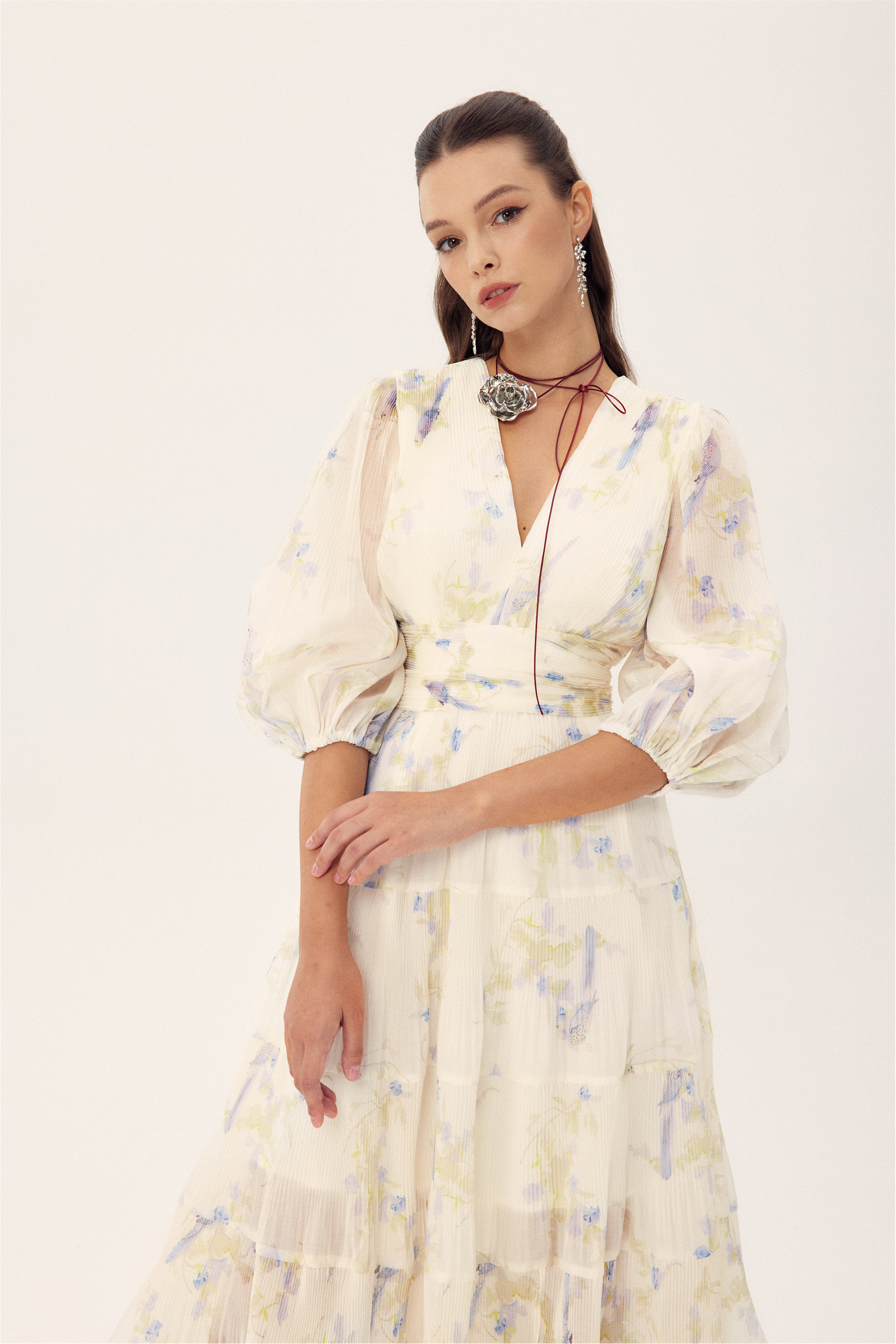 Stephanie Birds Printed V-neck Midi Dress-purelyfable