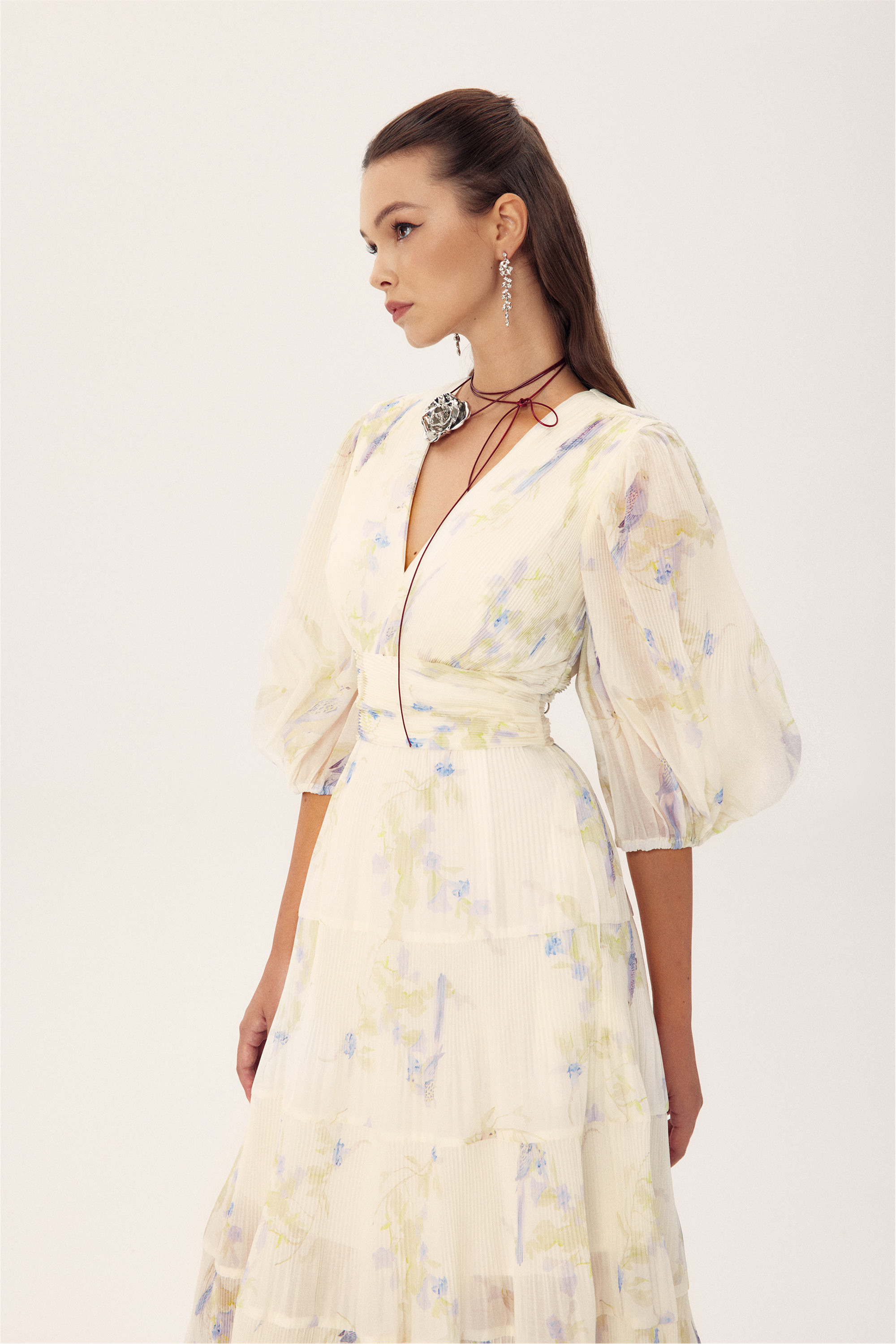 Stephanie Birds Printed V-neck Midi Dress-purelyfable