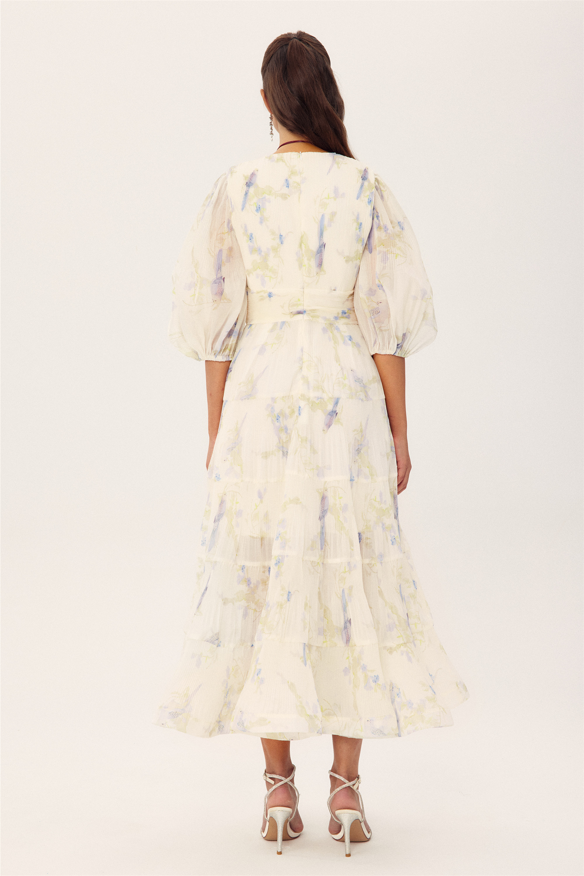 Stephanie Birds Printed V-neck Midi Dress-purelyfable