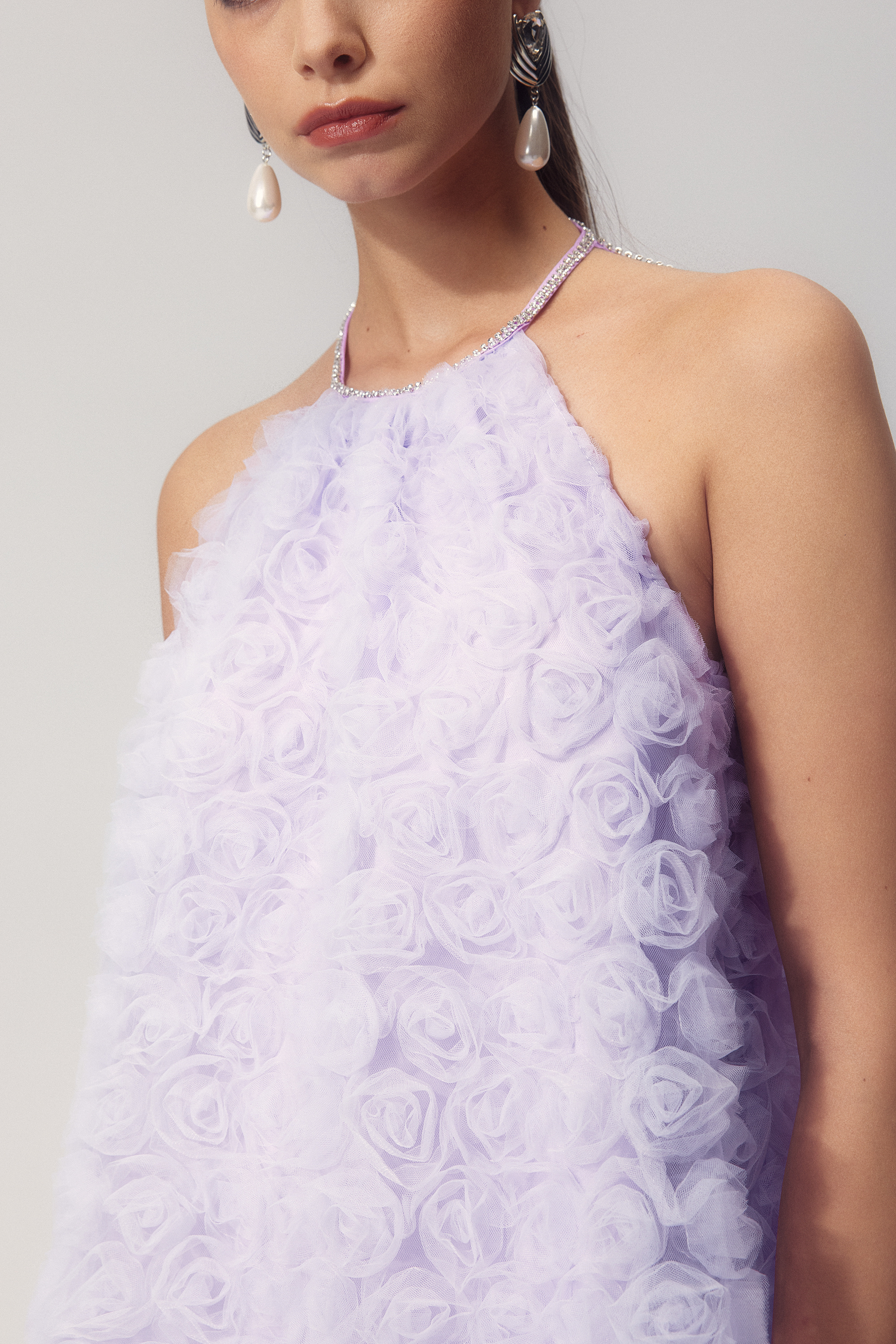 Michaelia Floral Applique Halter Mini Mesh Dress-purelyfable