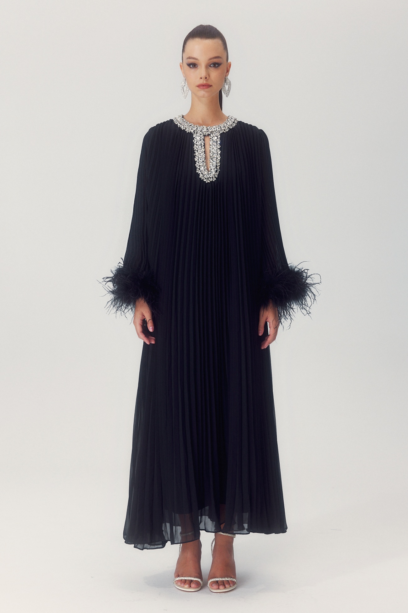 Yvonne Diamante Feathered Pleated Maxi Chiffon Dress-purelyfable