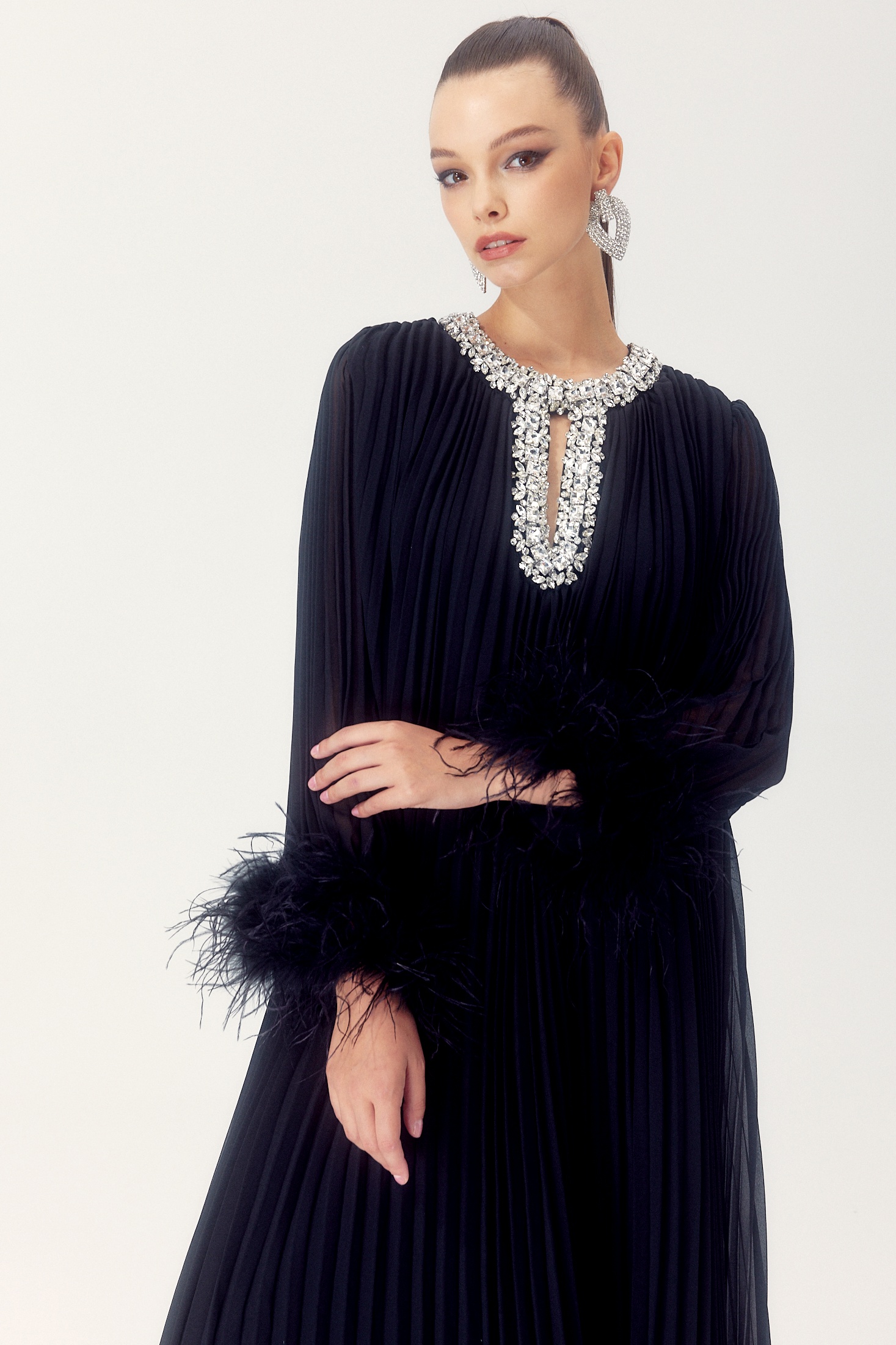 Yvonne Diamante Feathered Pleated Maxi Chiffon Dress-purelyfable