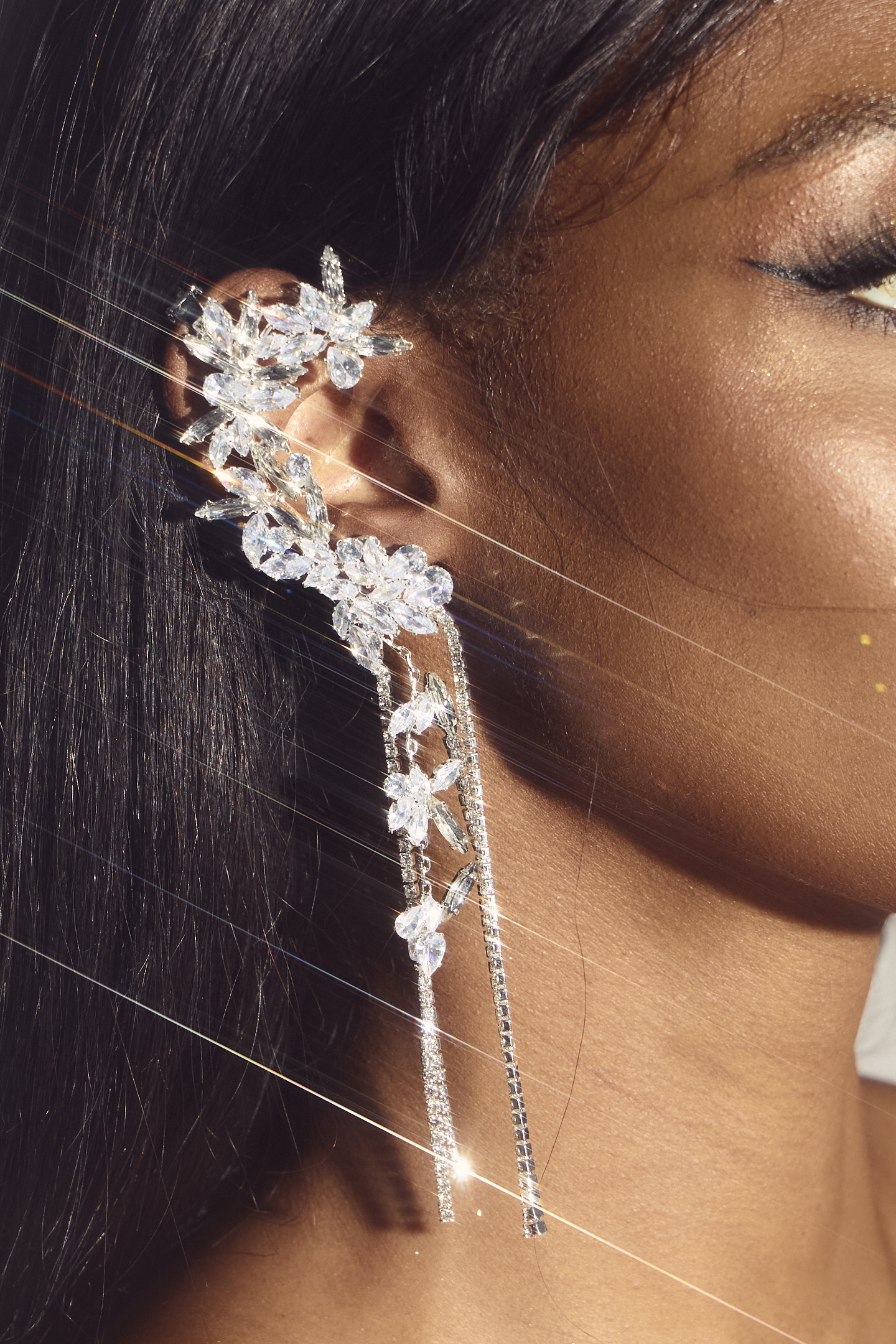 Crystal Flower Tassel Ear Clip-purelyfable