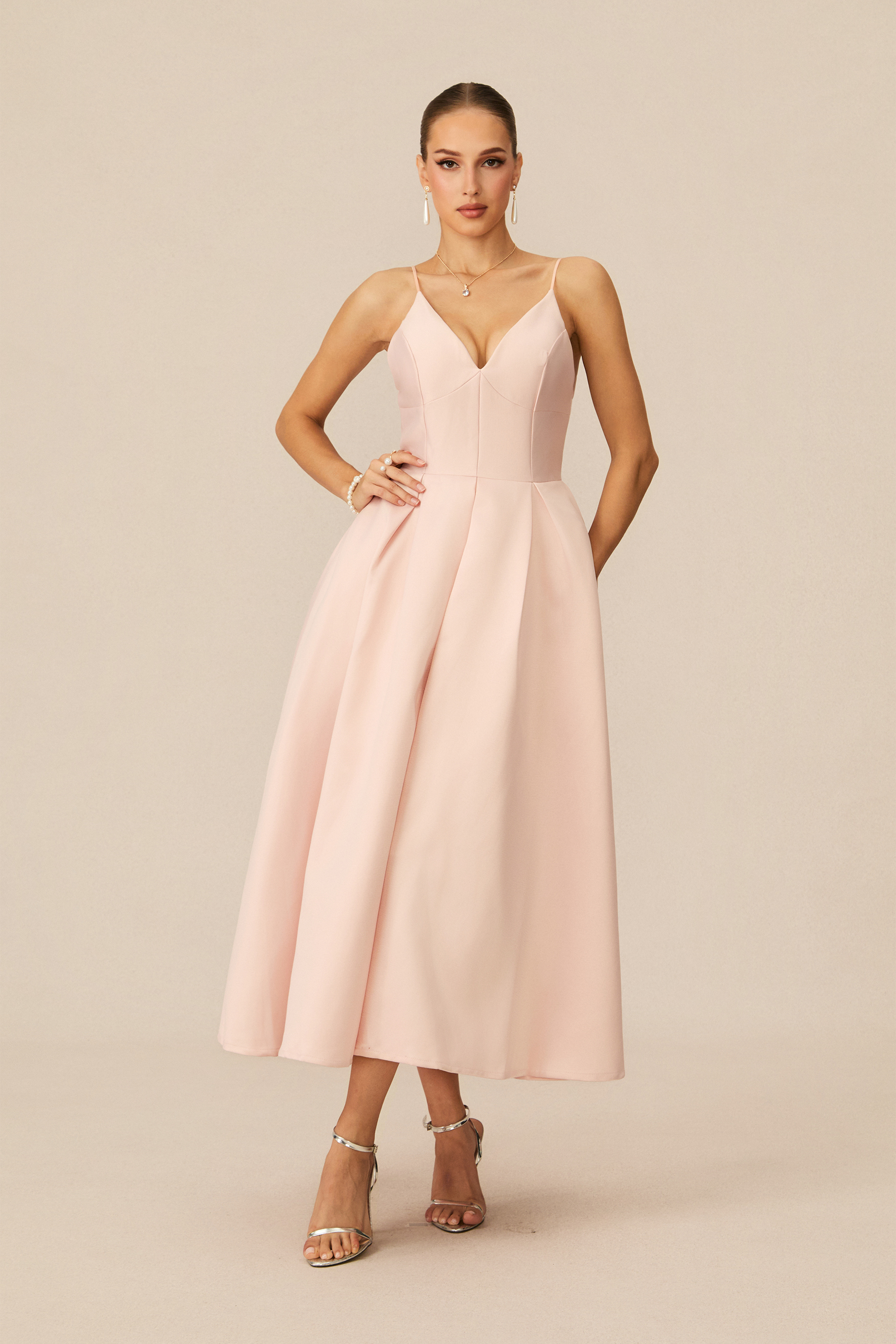 Enchant My Love Pink V-Neck Spaghetti Straps Midi Dress-purelyfable