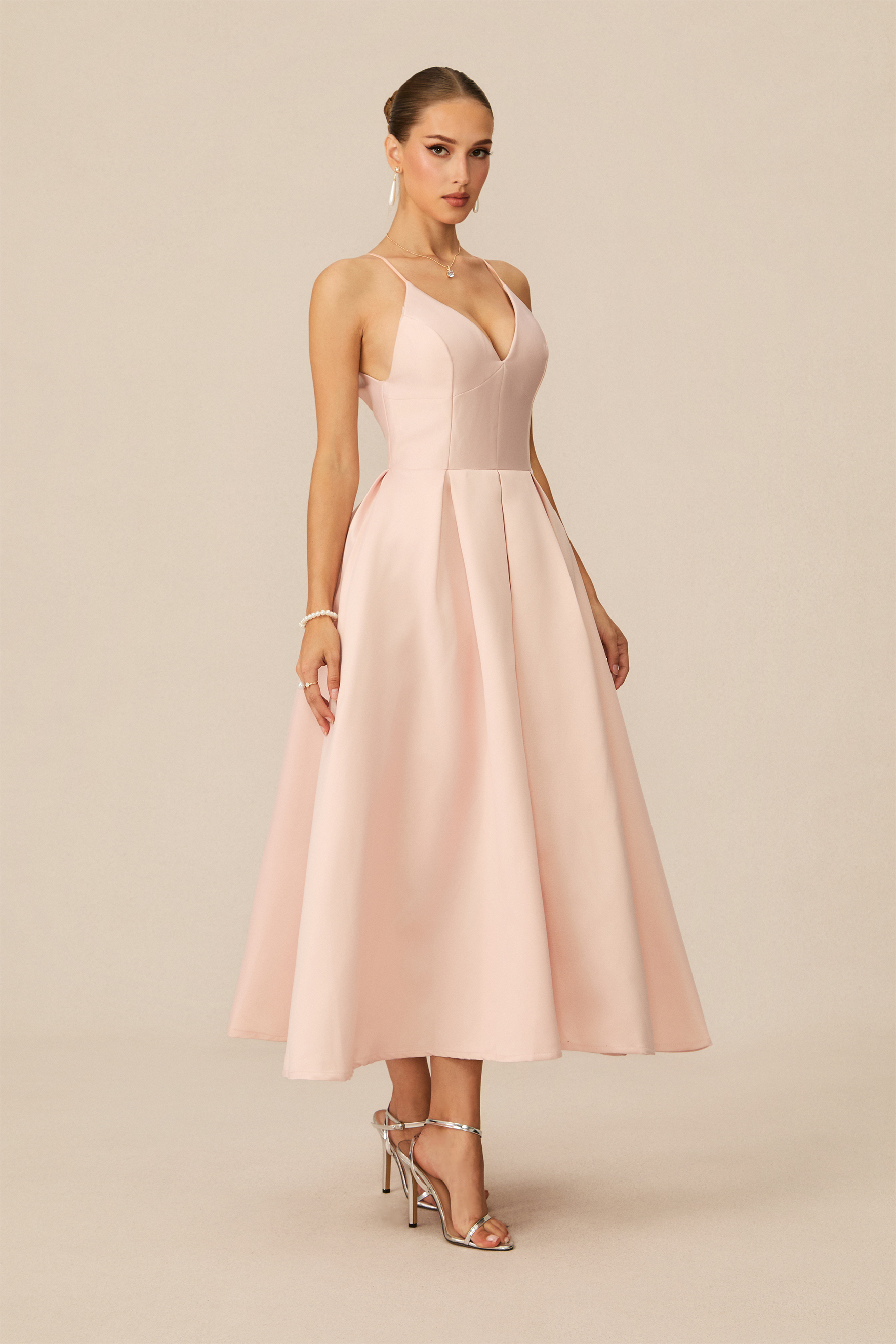 Enchant My Love Pink V-Neck Spaghetti Straps Midi Dress-purelyfable