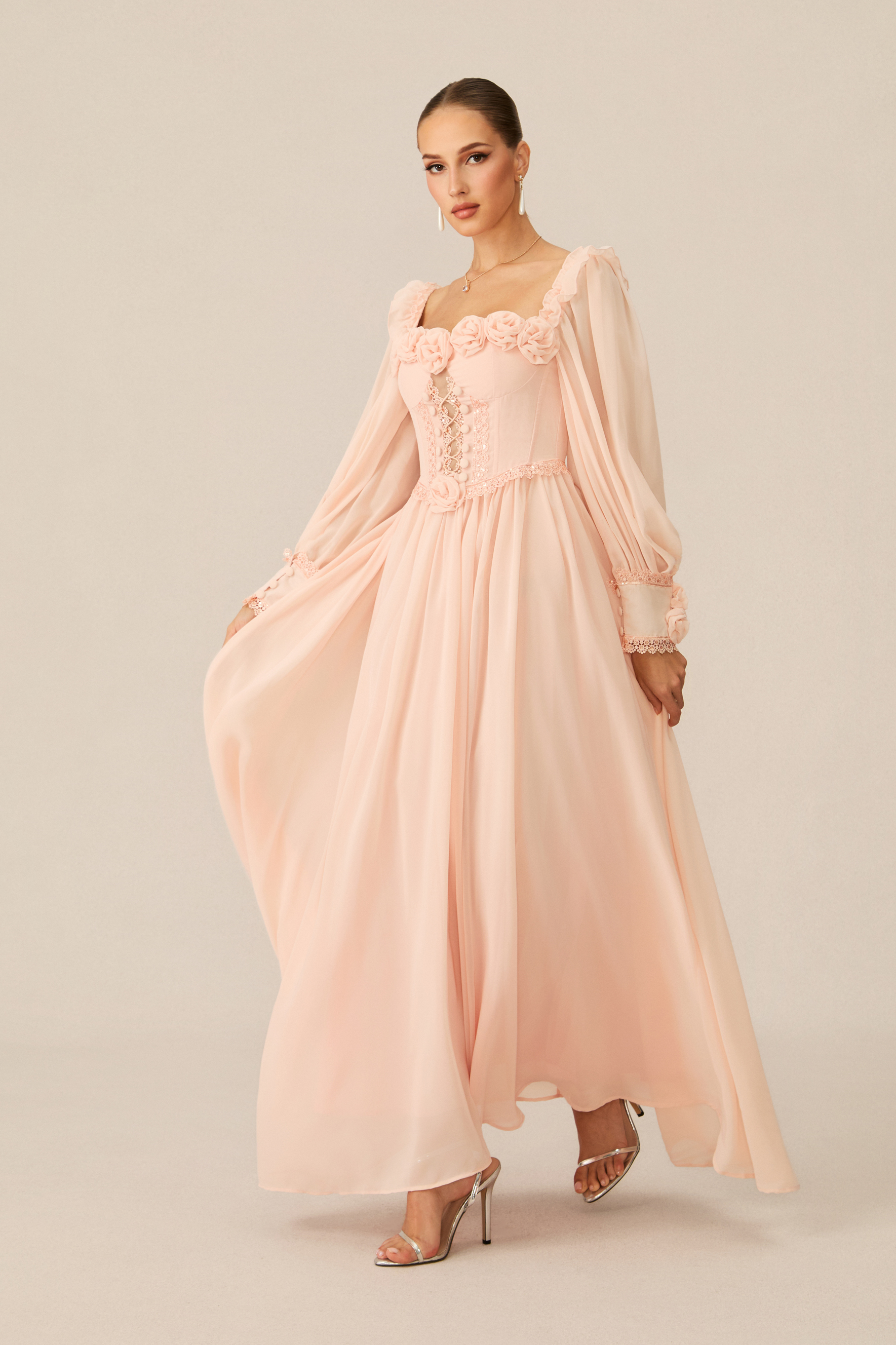 Enticing Aesthetic Apricot Rosette Trim Maxi Dress-purelyfable