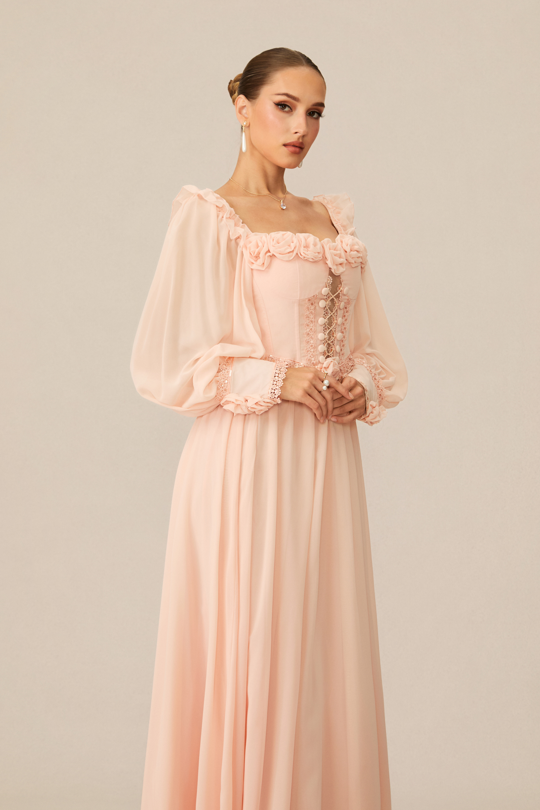 Enticing Aesthetic Apricot Rosette Trim Maxi Dress-purelyfable