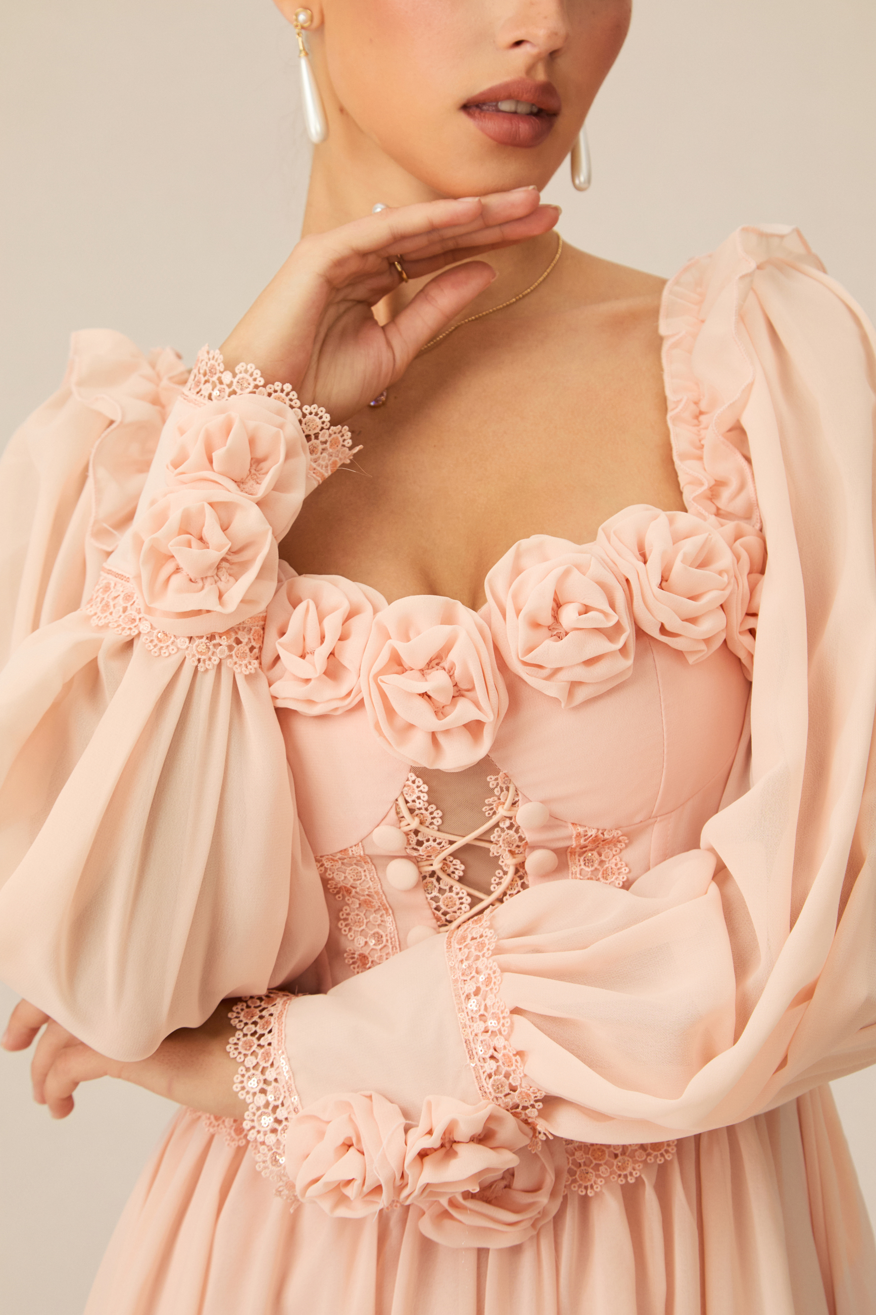 Enticing Aesthetic Apricot Rosette Trim Maxi Dress-purelyfable