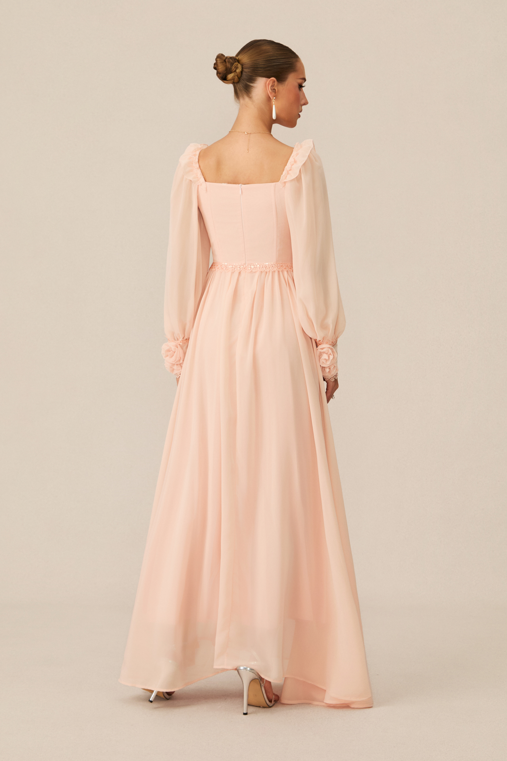 Enticing Aesthetic Apricot Rosette Trim Maxi Dress-purelyfable