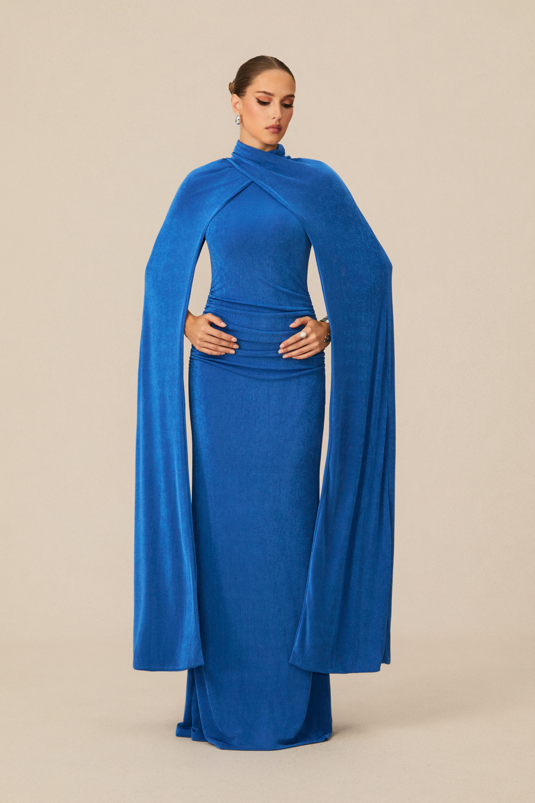 Dramatic Stunner Blue Cape Sleeve Maxi Dress-purelyfable