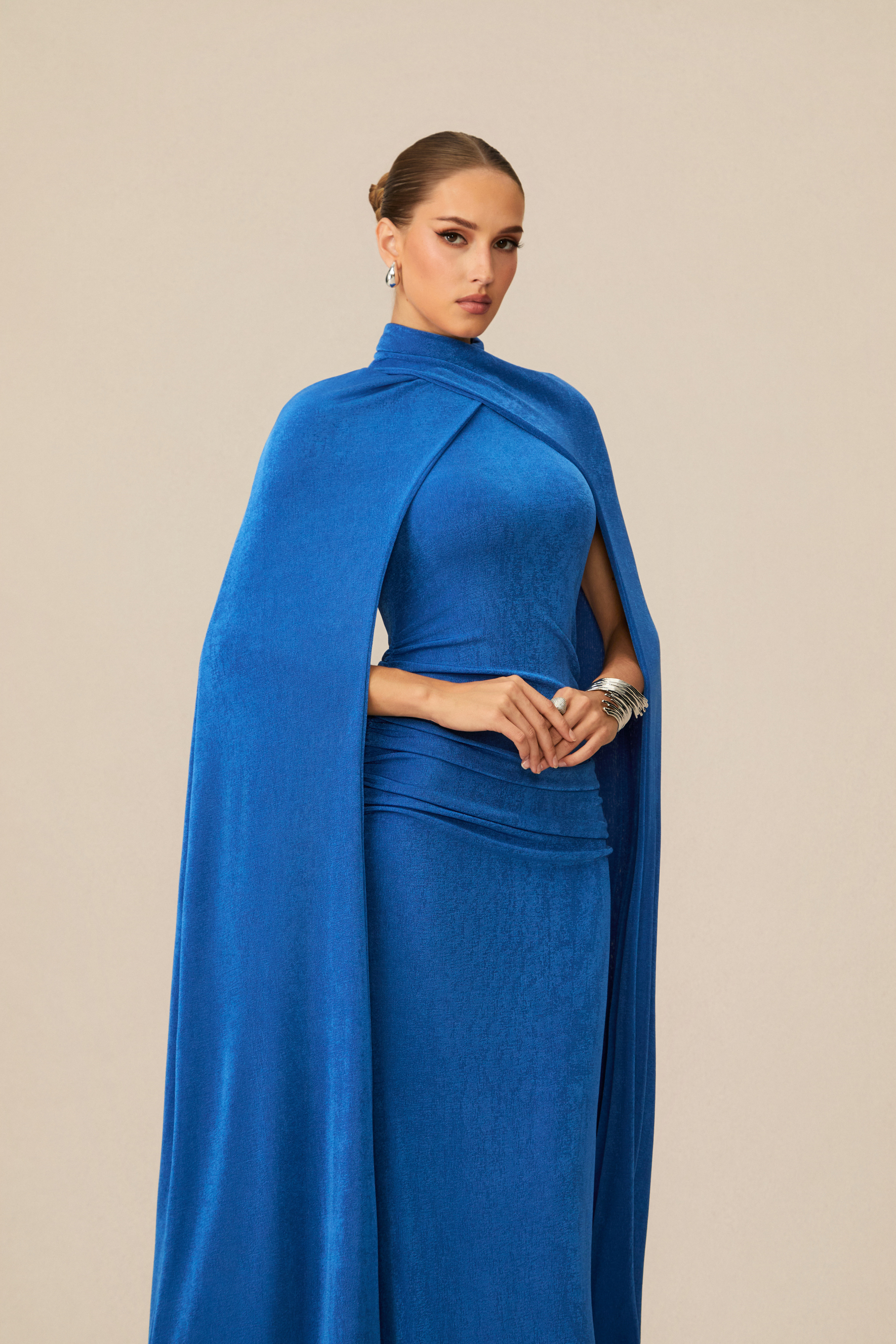 Dramatic Stunner Blue Cape Sleeve Maxi Dress-purelyfable