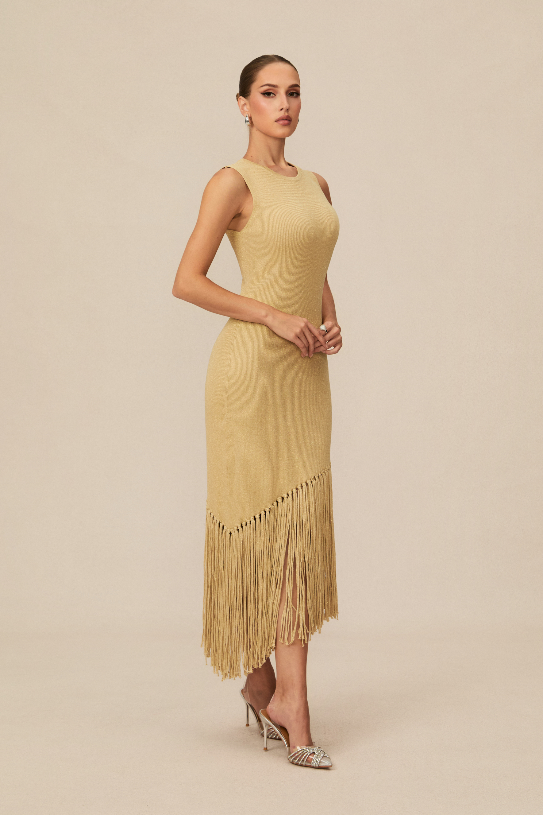 Easily Gorgeous Beige Fringe Knit Midi Dress-purelyfable
