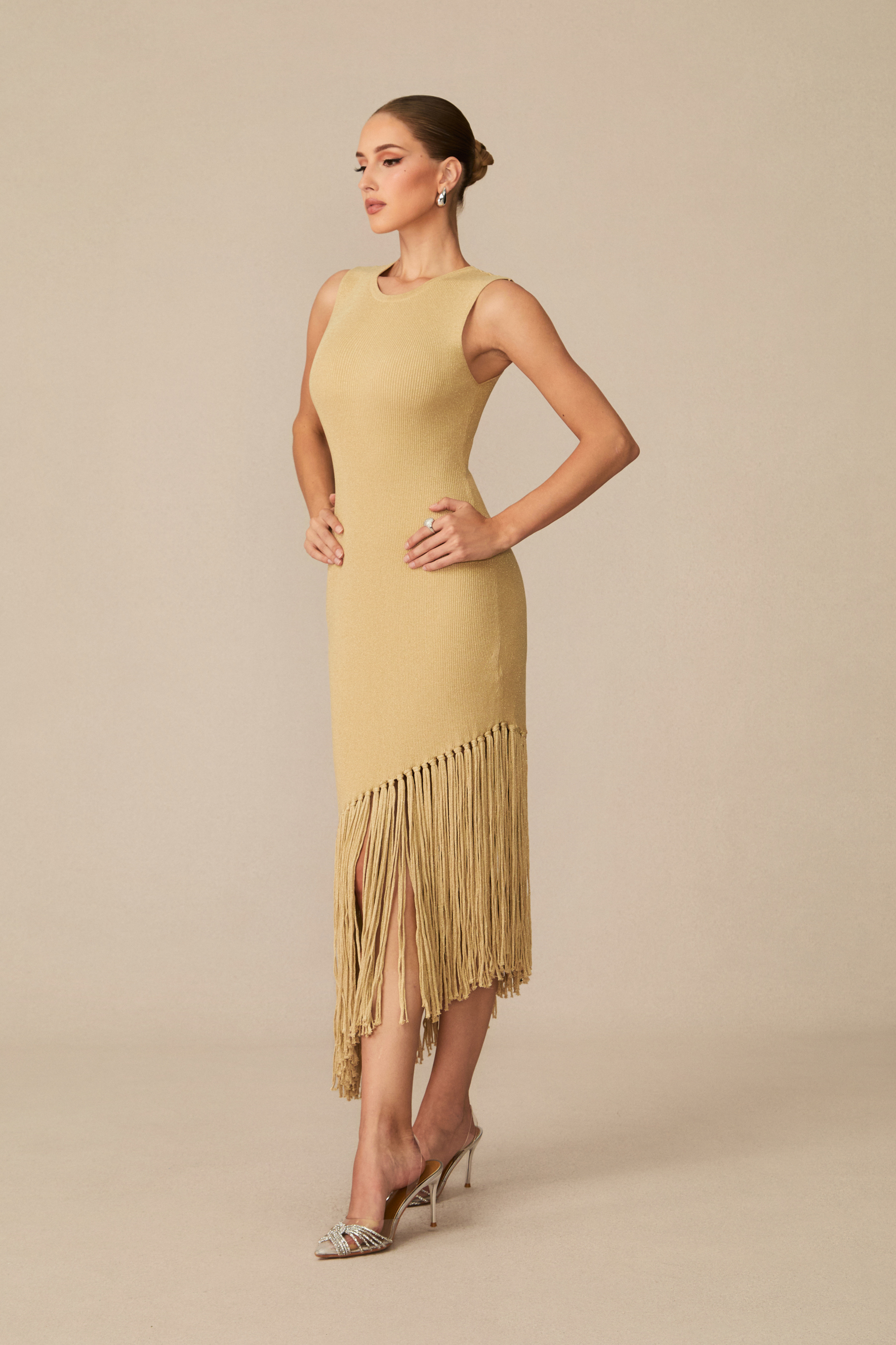 Easily Gorgeous Beige Fringe Knit Midi Dress-purelyfable